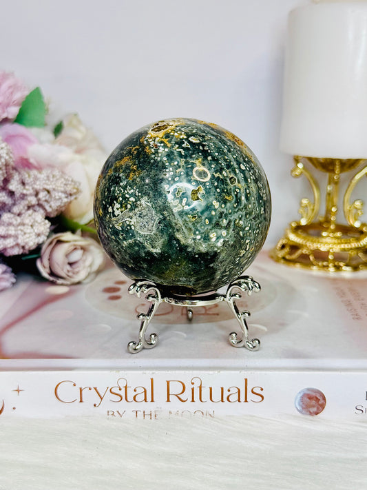Orbicular Ocean Jasper Druzy Sphere on Stand 418g