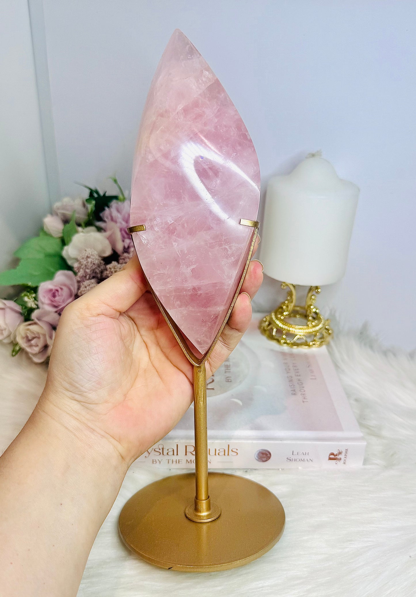 Large Rose Quartz Perfectly Carved Flame On Gold Stand 1.05KG 28cm