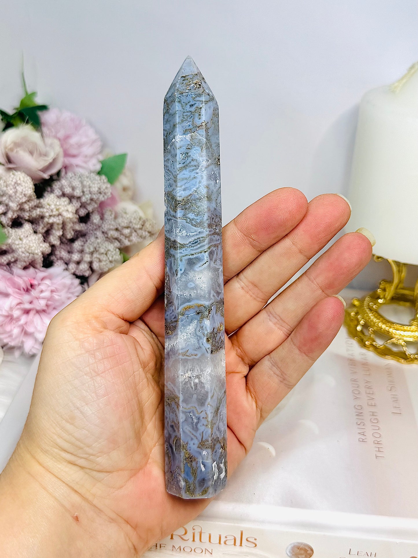 Blue Moss Agate Druzy Tower 16cm