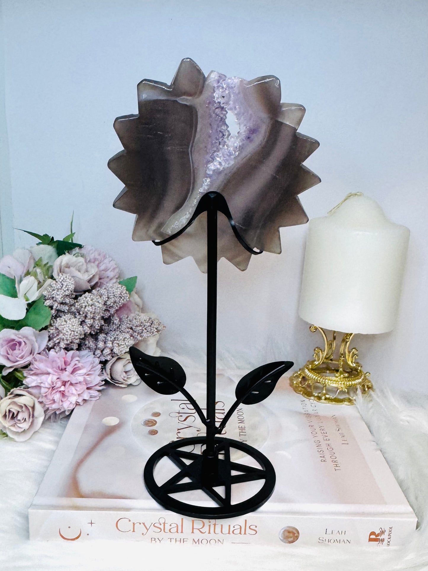 Large Druzy Amethyst X Agate Sun Flower Carving on Stand 23cm