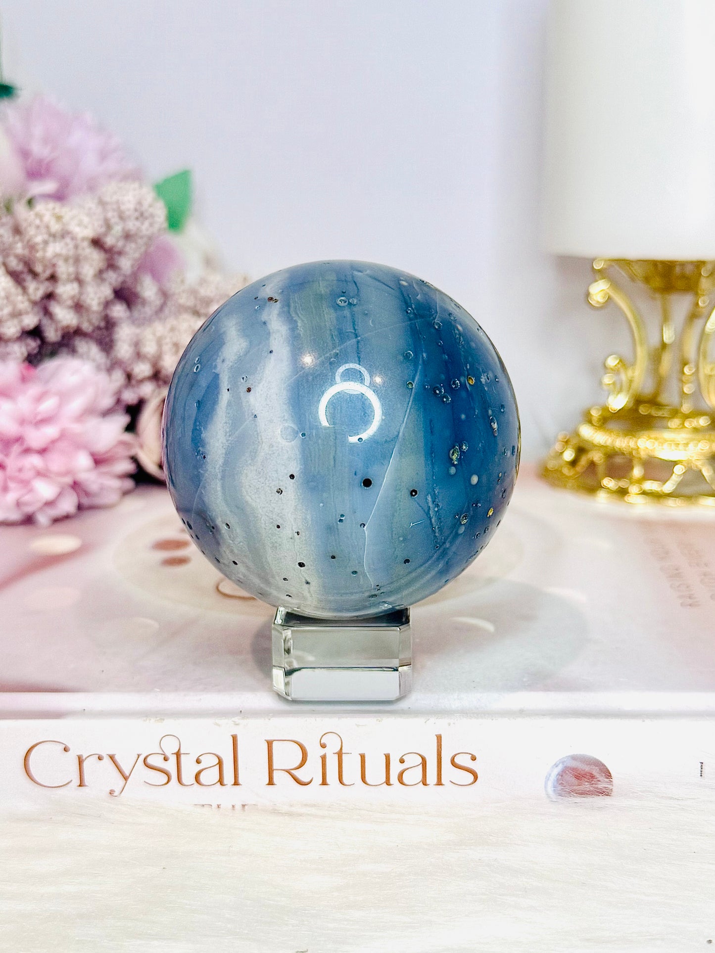 Blue Druzy Agate Sphere On Stand 308g