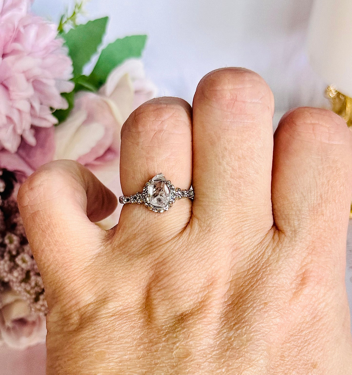 Stunning Natural Herkimer Diamond Adjacent Ring In Gift Bag