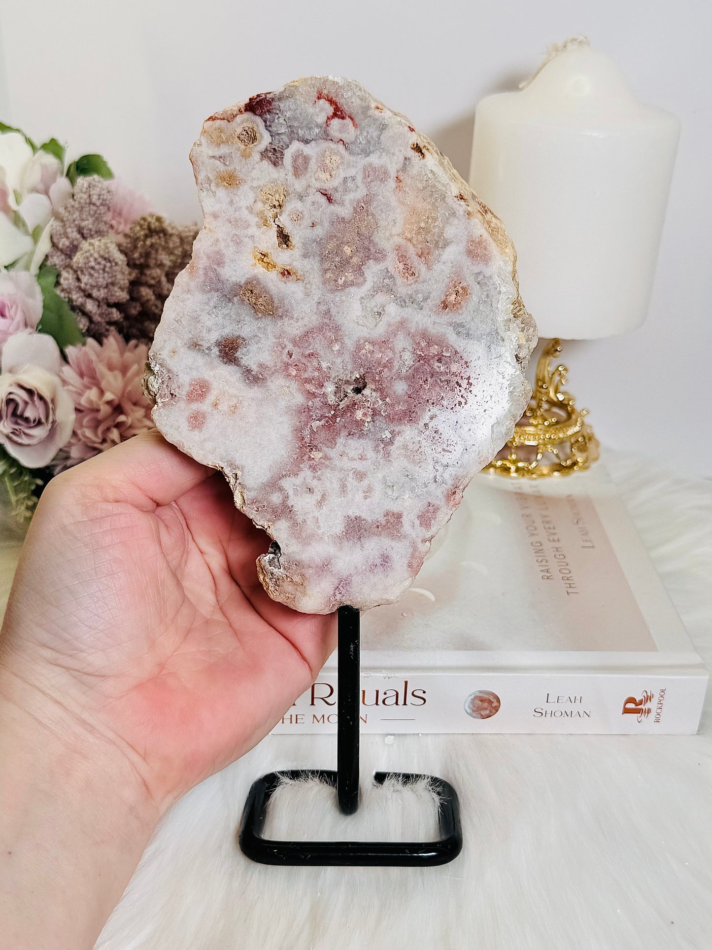 Stunning Large Natural Pink Amethyst Polished Druzy Slab On Stand 21cm
