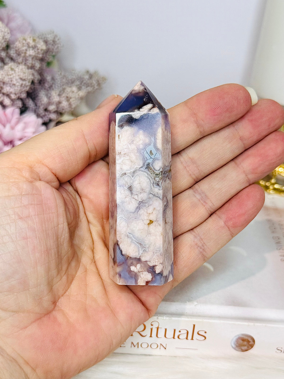 High Grade Blue Flower Agate Tower 8cm