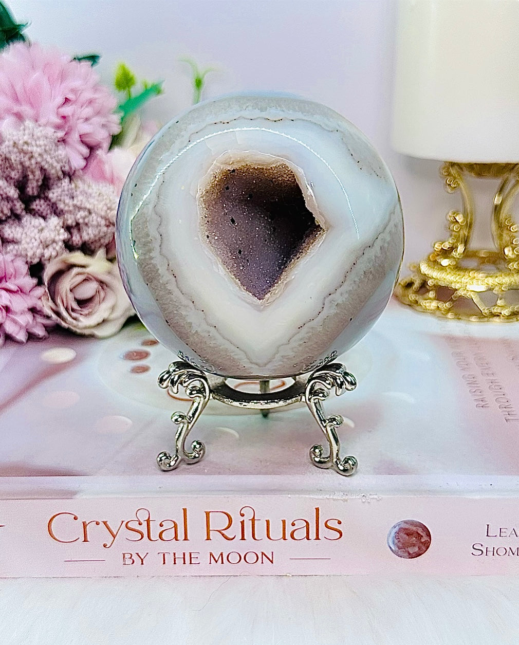 Stunning Large 529gram Sugar Druzy Agate Sphere on Stand