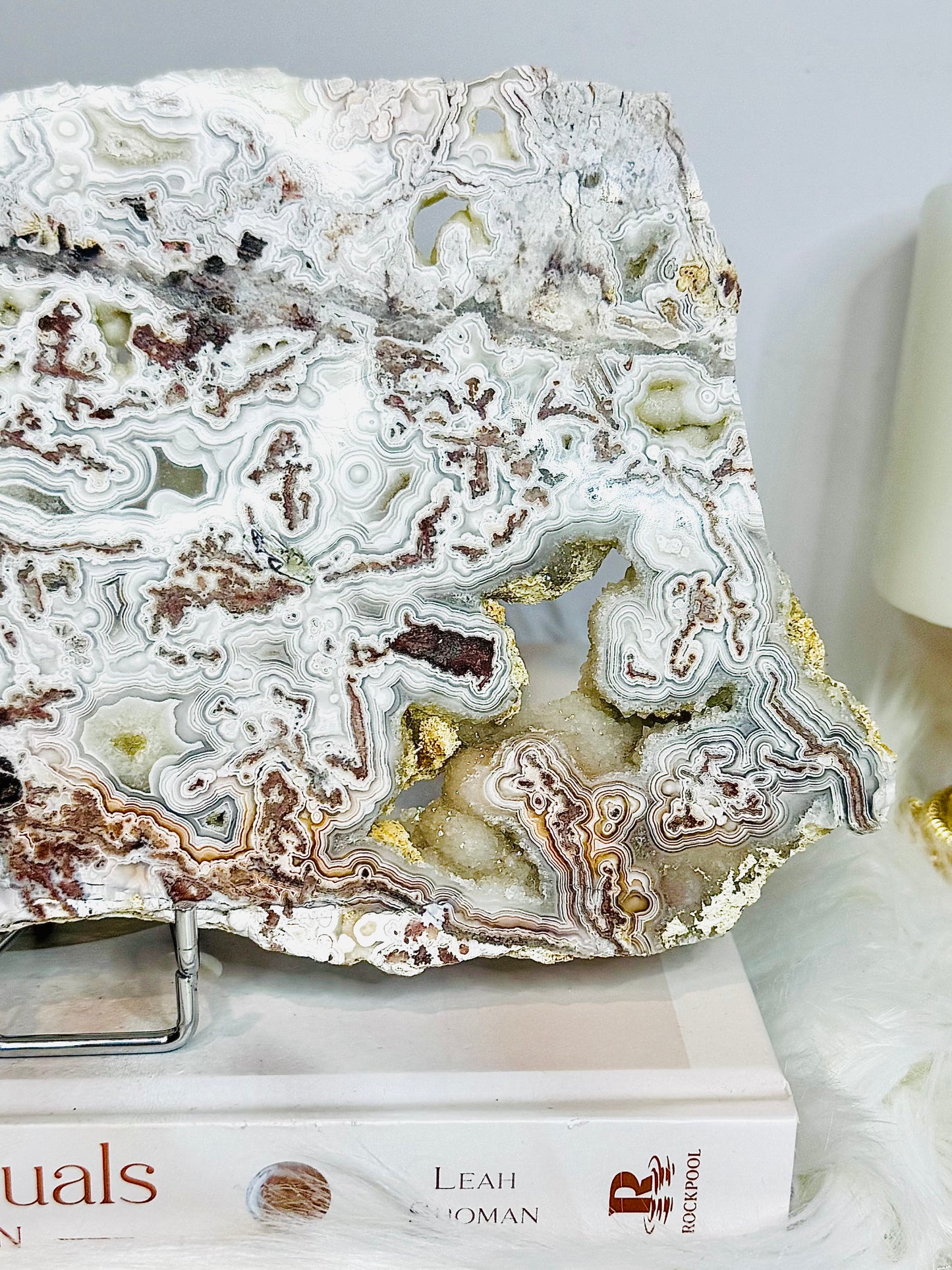 Large Natural Mexican Lace Agate Druzy Slab on Stand 22cm