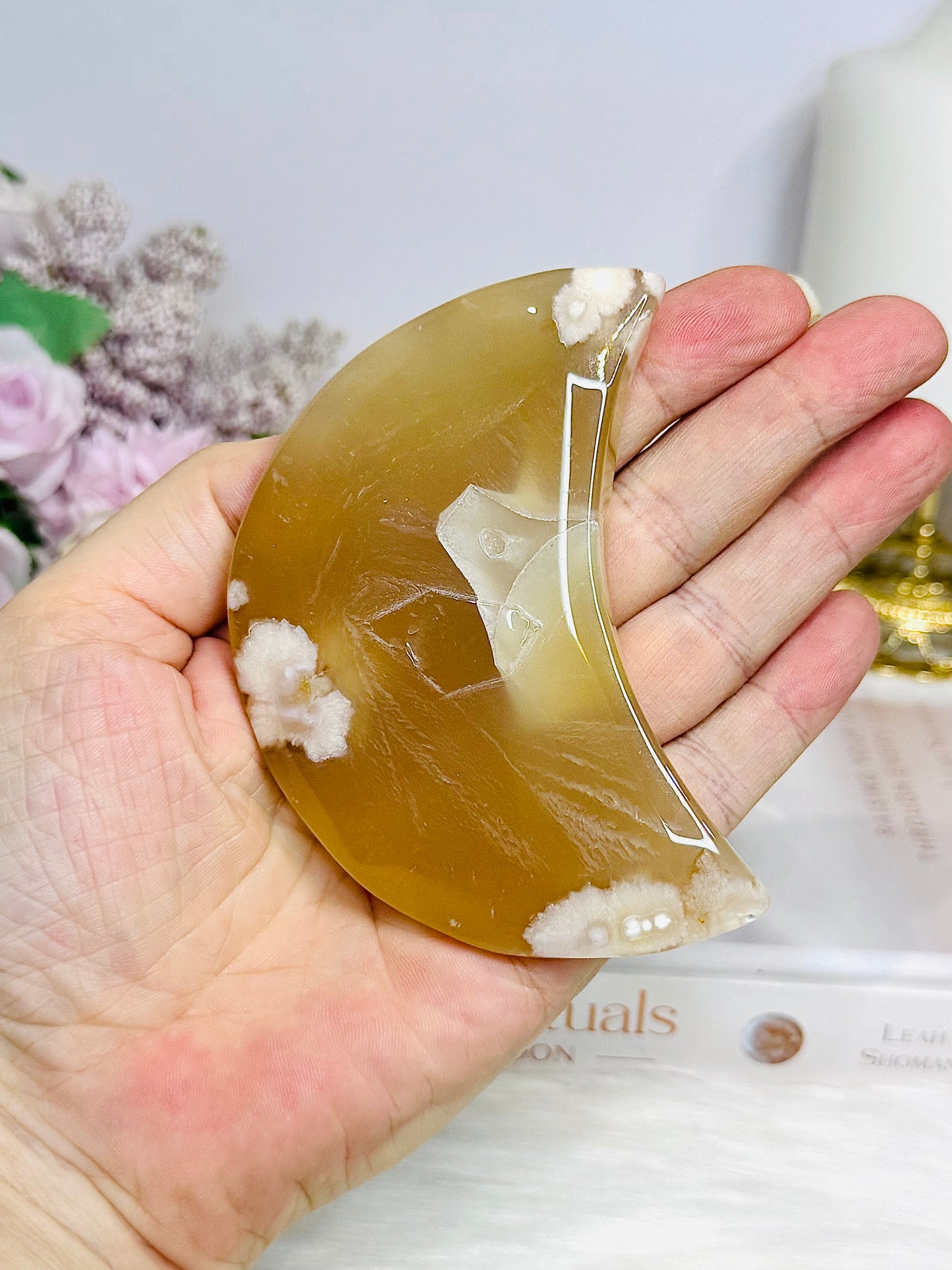 Flower Agate Carved Moon (with imperfection) 9cm