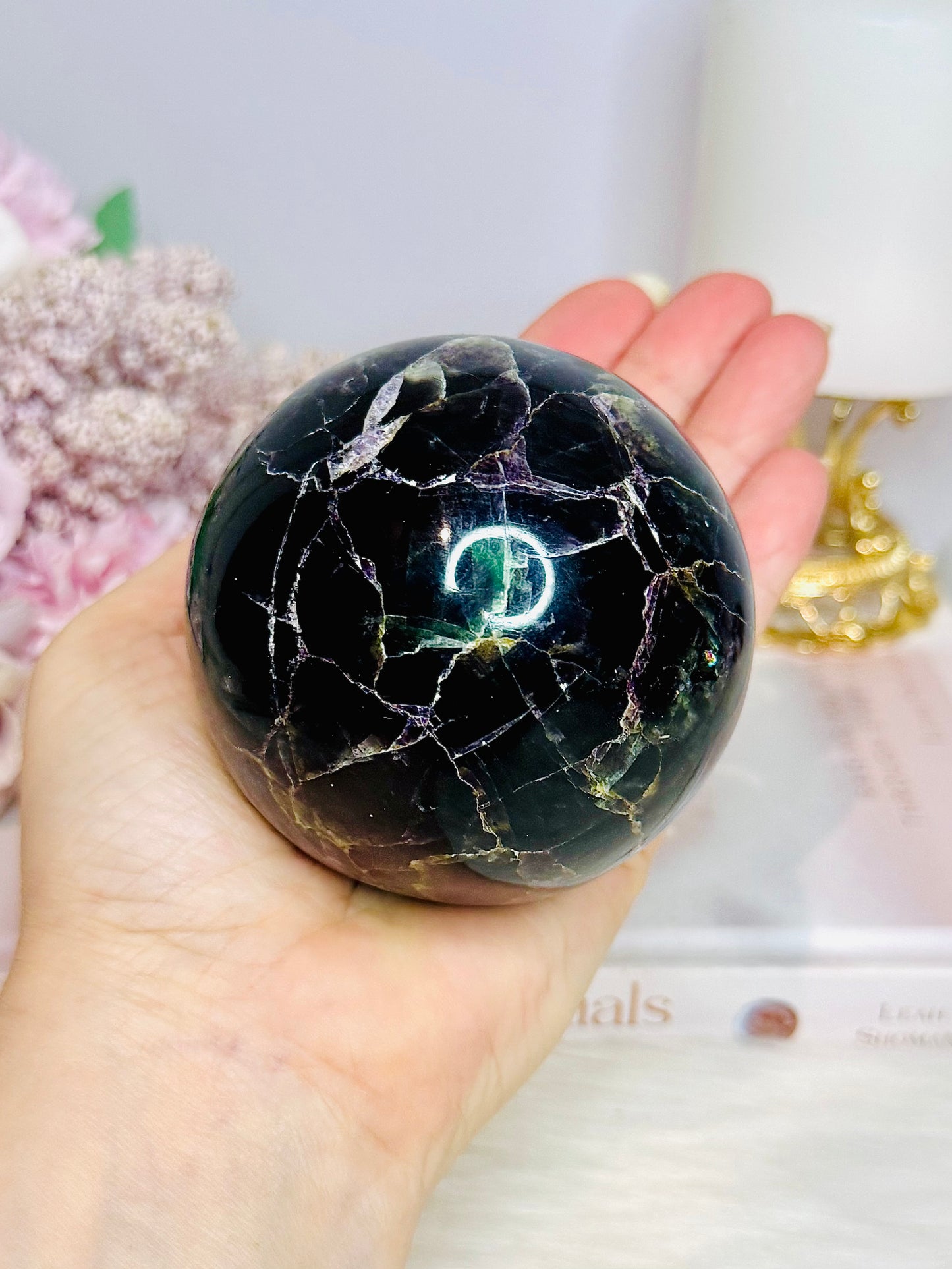 Large Fluorite Sphere with Rainbows 728g On Stand