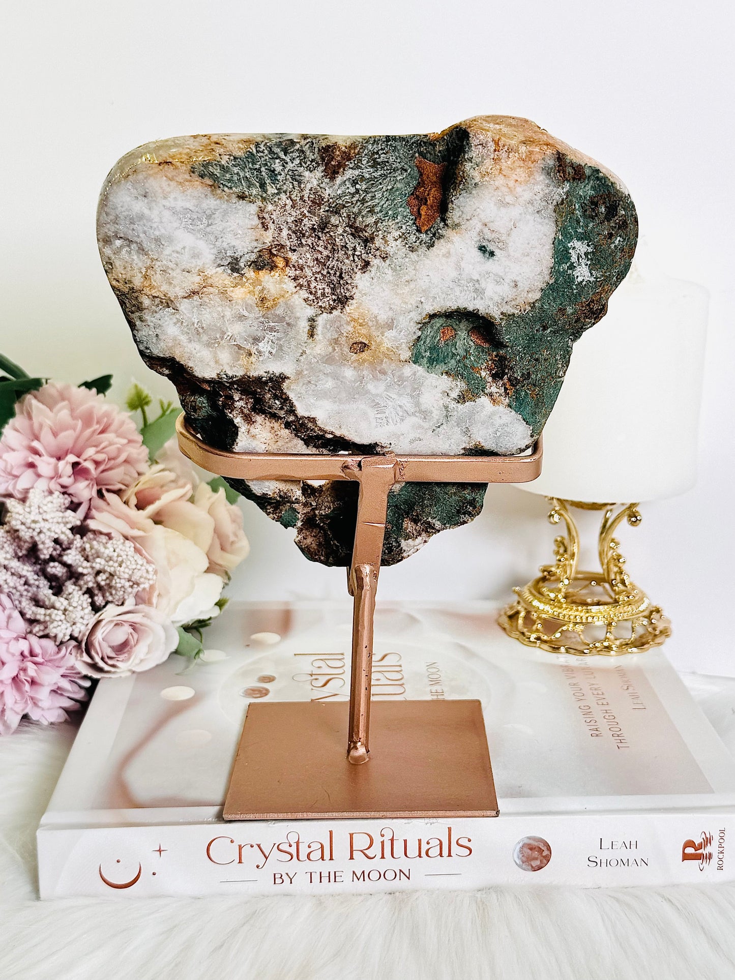 Large 21cm Natural Pink Amethyst Druzy Slab On Rose Gold Stand
