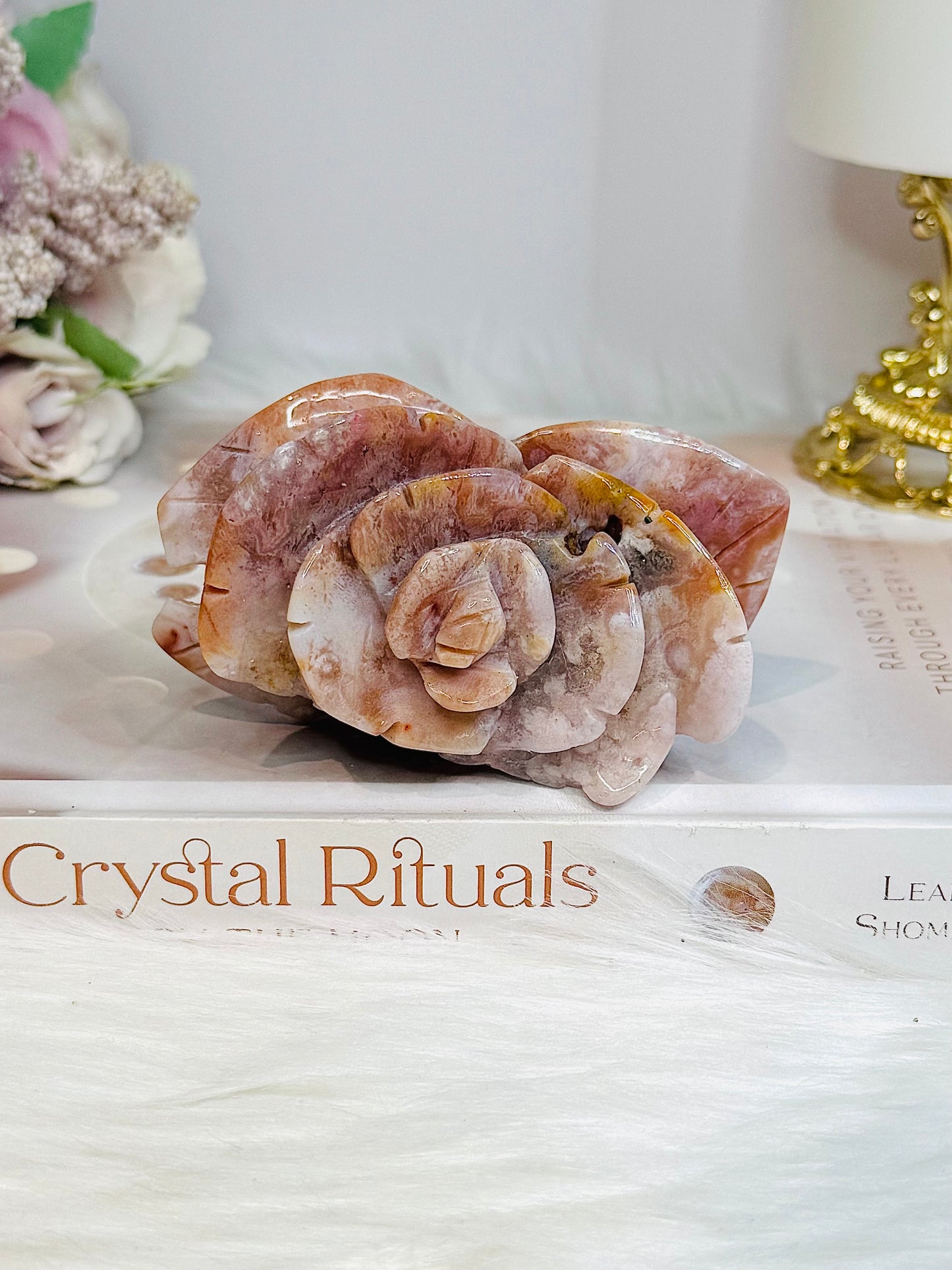 High Grade Flower Agate Carved Rose on Stand 8.5cm