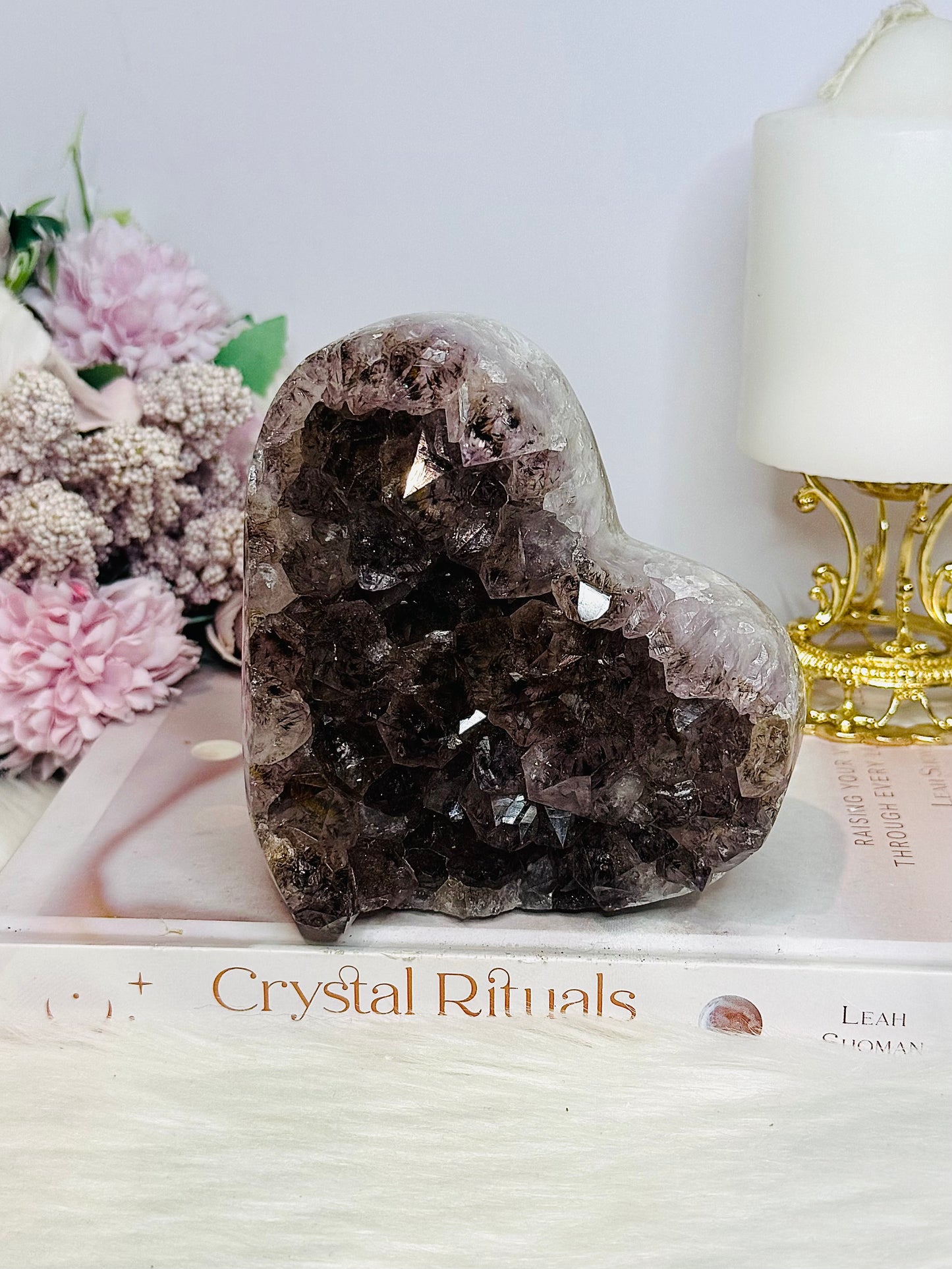 Large Natural Amethyst Carved Chunky Heart 944g with Goethite Inclusions