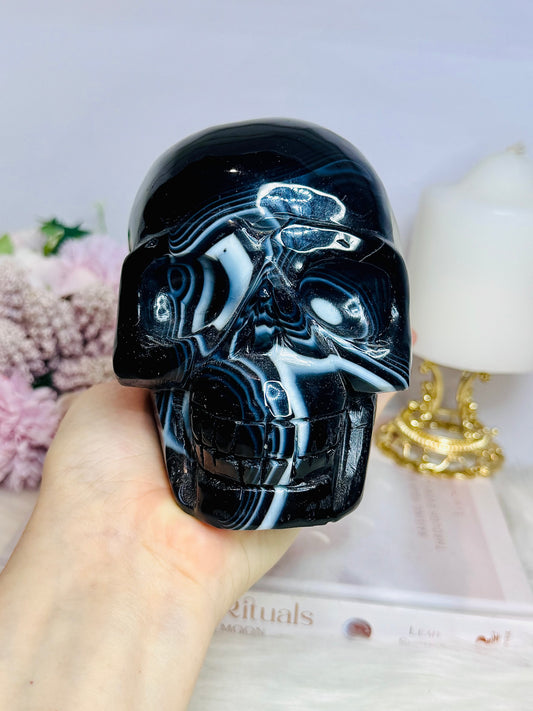 Huge Black Striped Agate Carved Skull 1.85KG 13cm