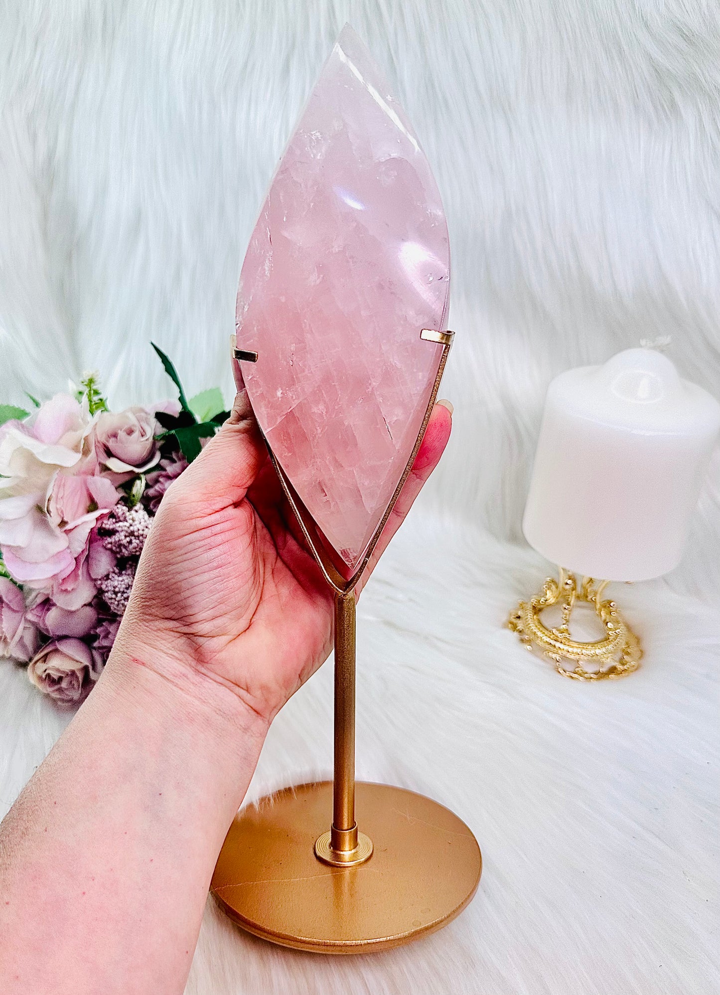 ⚜️ SALE ⚜️ Classy & Absolutely Fabulous Large 28cm Rose Quartz Perfectly Carved Flame with Rainbows On Gold Stand 964grams ~ A Truly Stunning Piece