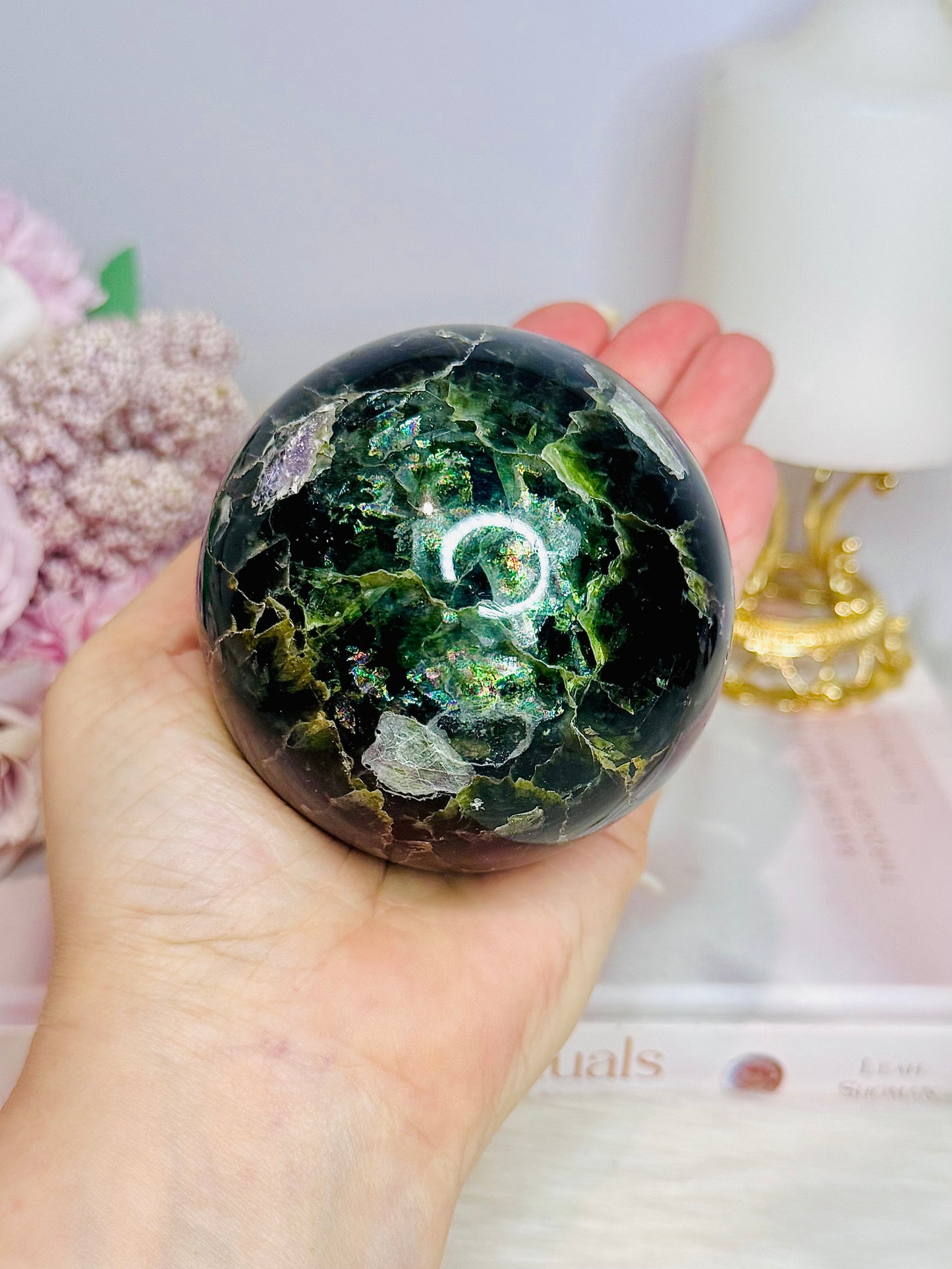 Large Fluorite Sphere with Rainbows 728g On Stand