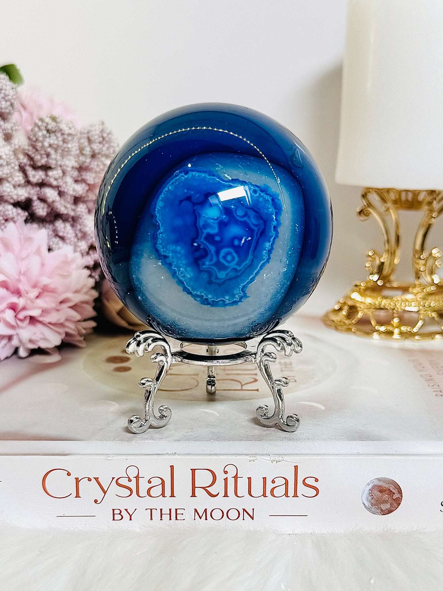 Gorgeous Large 449gram Blue Agate (dyed) Sphere On Stand