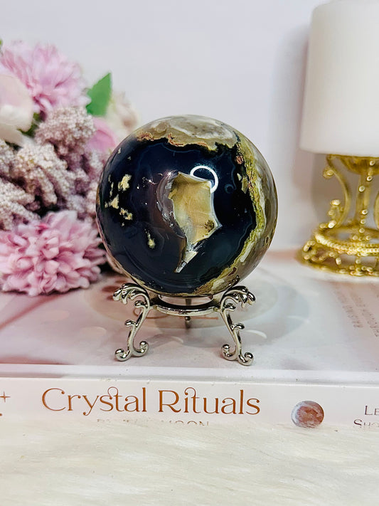 Natural Volcano Agate Druzy Sphere UV Reactive On Stand 363grams