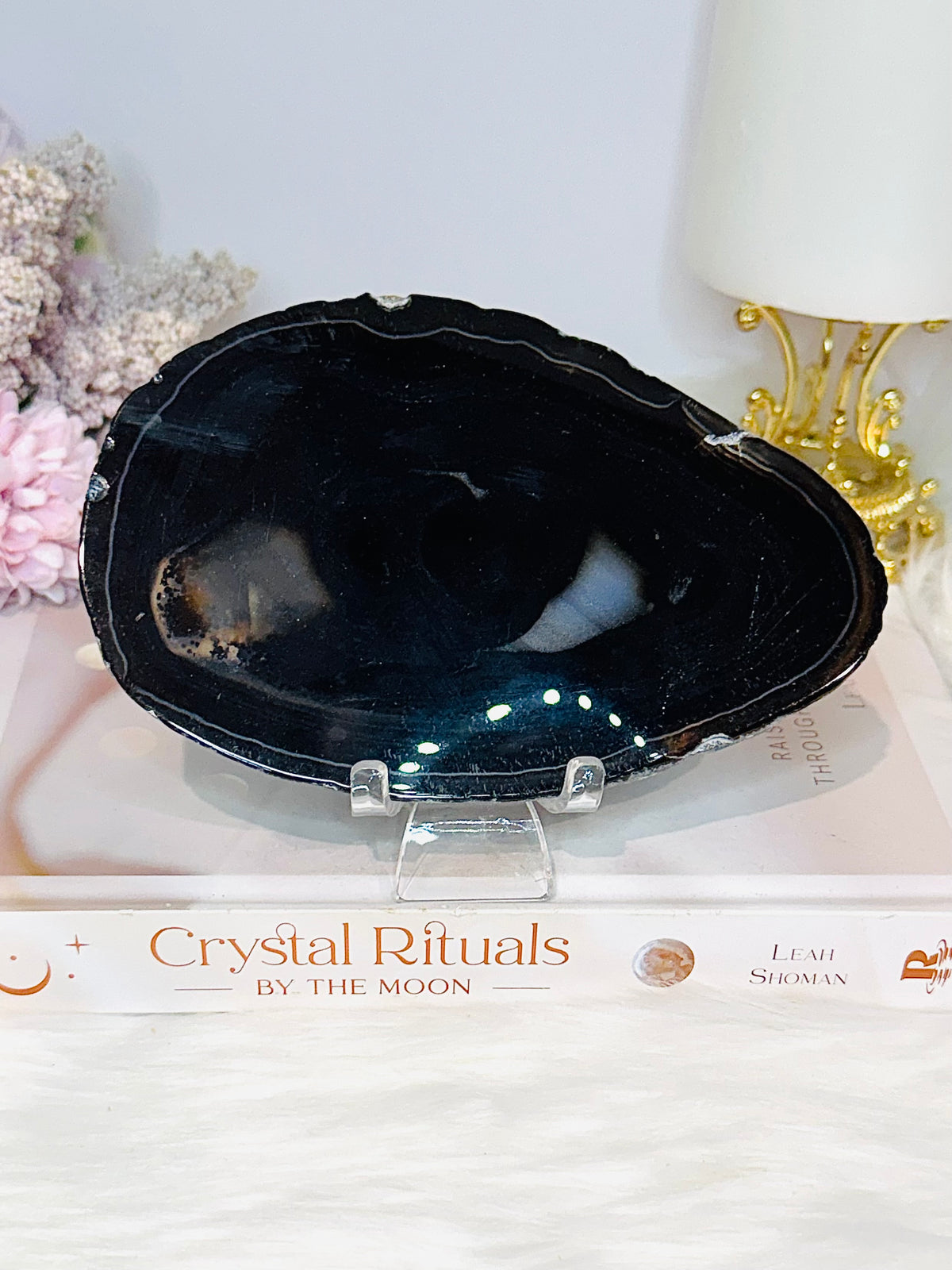Large Black Agate Slice On Stand 14cm
