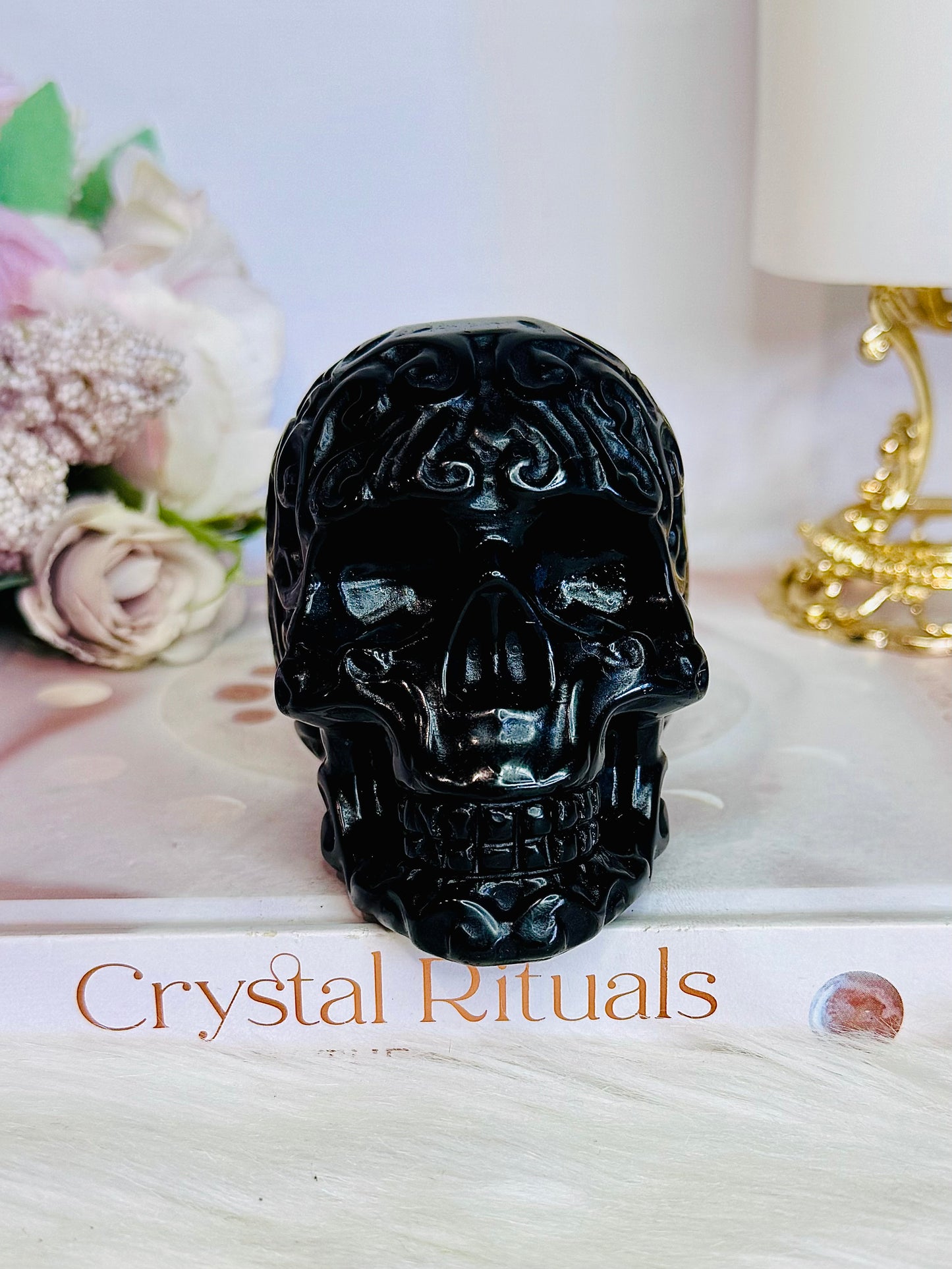 Black Obsidian Filigree Carved Skull 9cm 417g