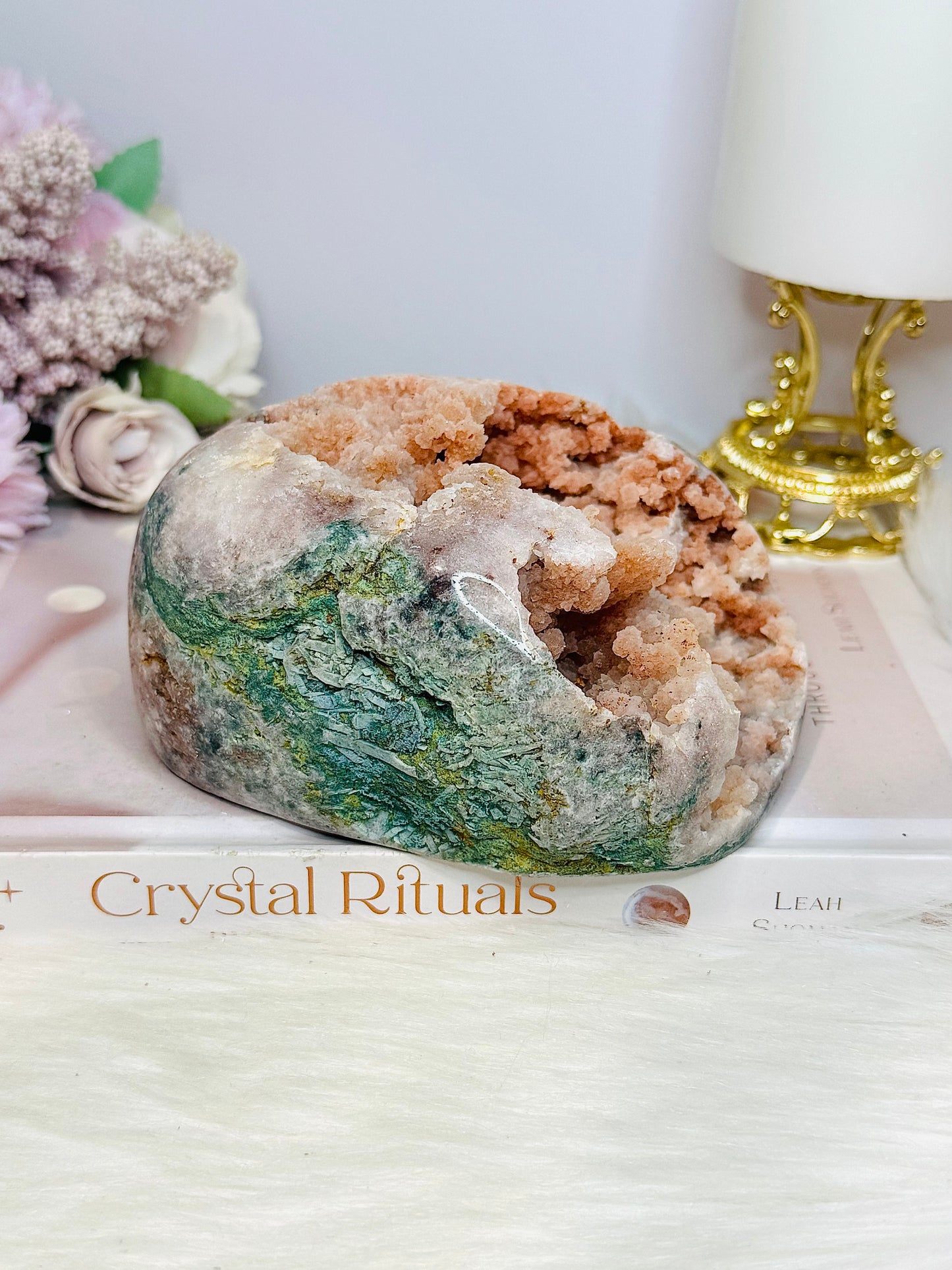 Large Natural Pink Amethyst Base Cut Freeform Cluster with Green Jasper Inclusions 762g