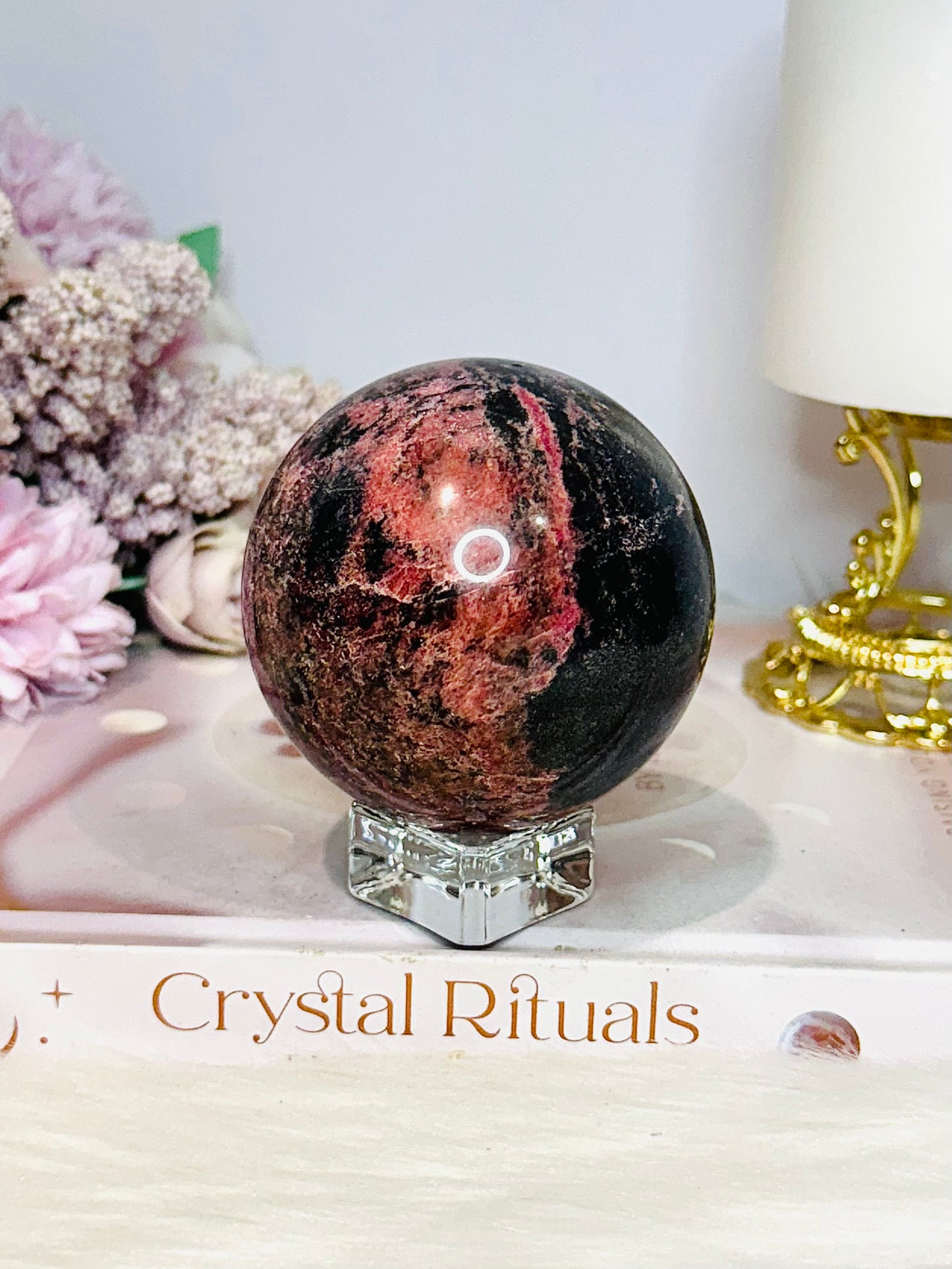 Large Rhodonite Sphere on Stand 626g