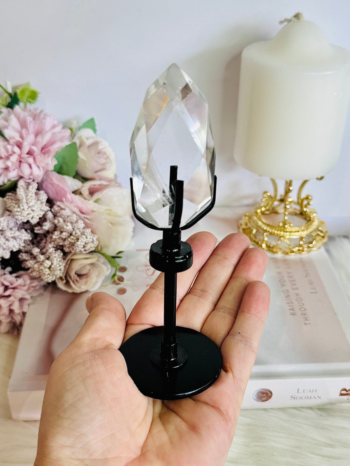 Classy & Fabulous High Grade Clear Quartz Faceted Diamond on Stand 14cm Tall