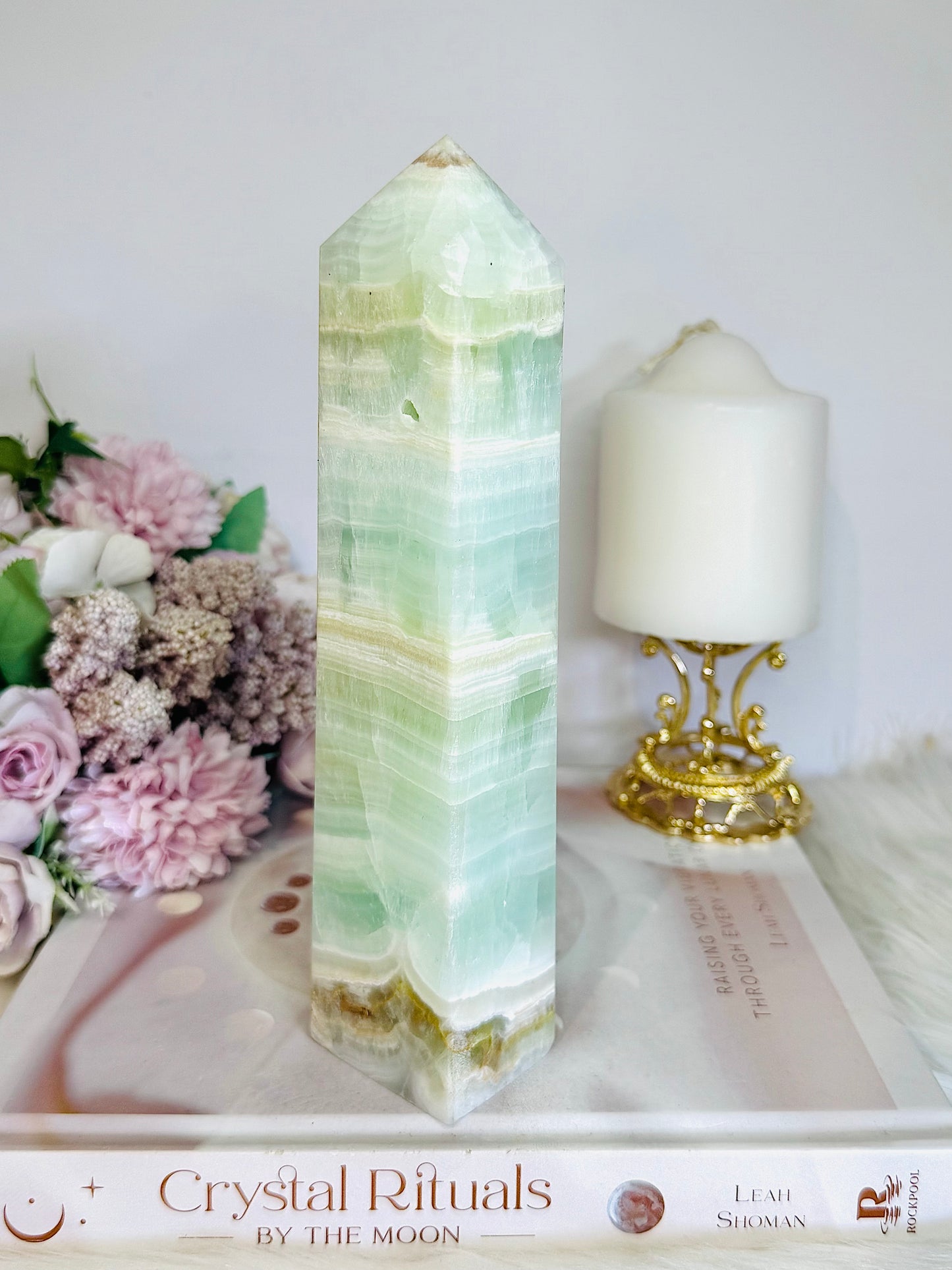 Huge 20cm Pistachio Calcite Druzy Tower