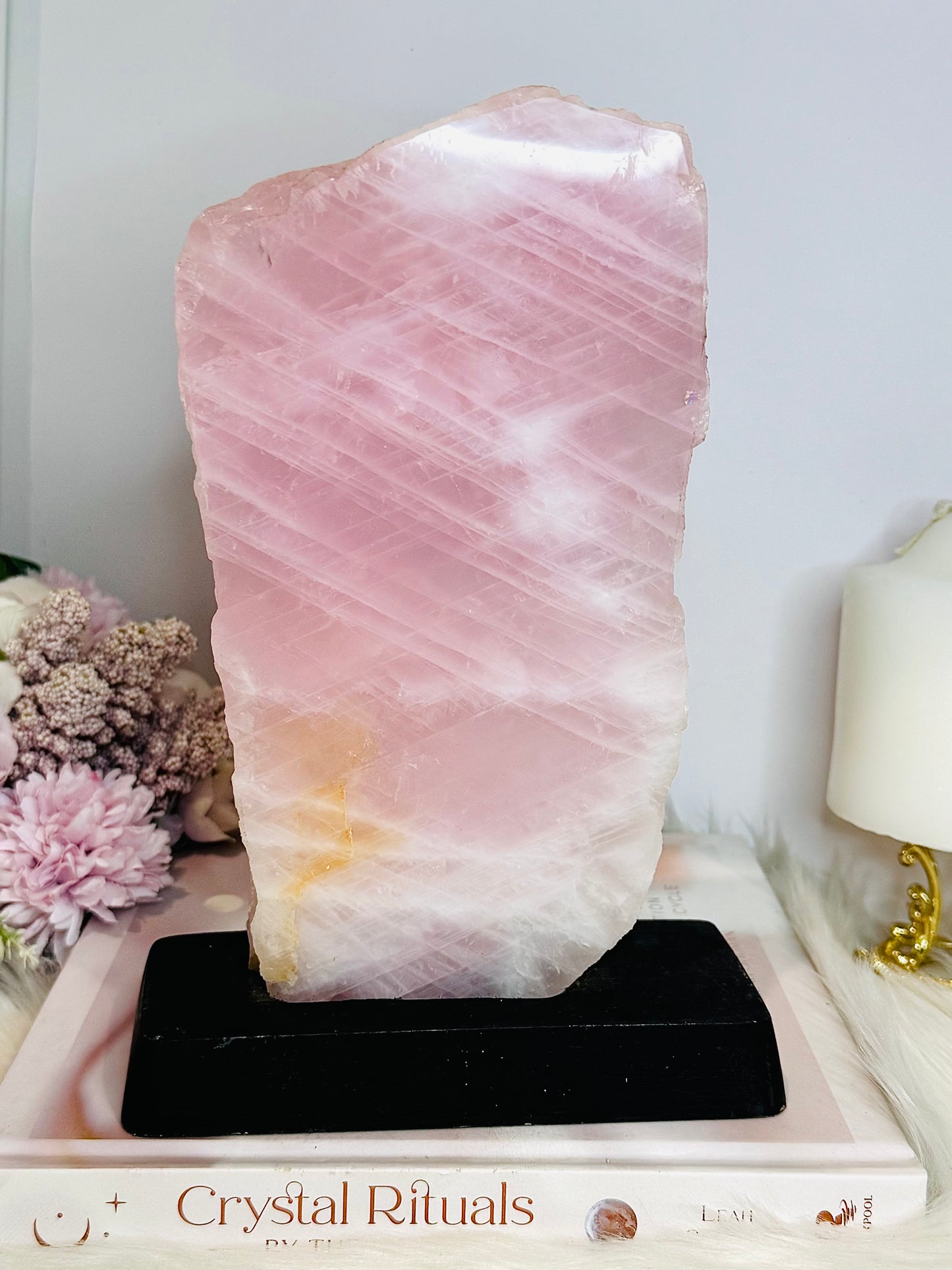 Natural Large Rose Quartz Chunky Slab on Timber Stand 1.53KG 24cm