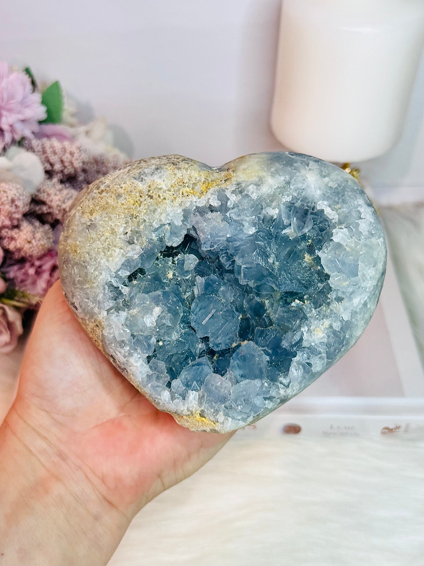 Stunning Large 1.3KG Natural Blue Celestite Cluster Carved Heart