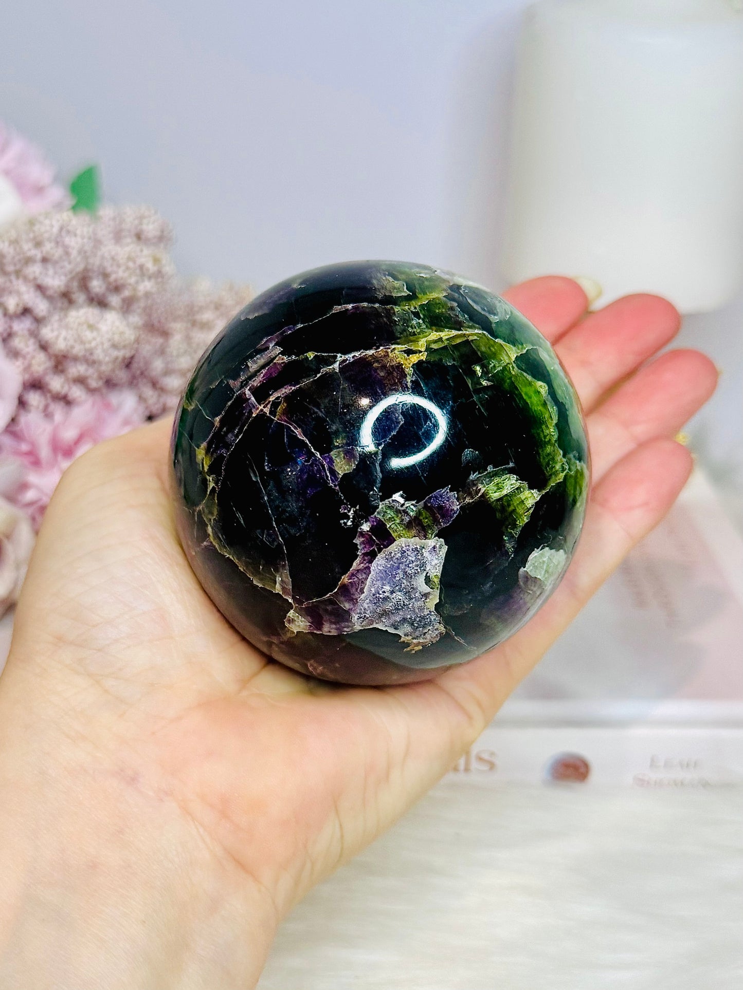 Large Fluorite Sphere with Rainbows 728g On Stand
