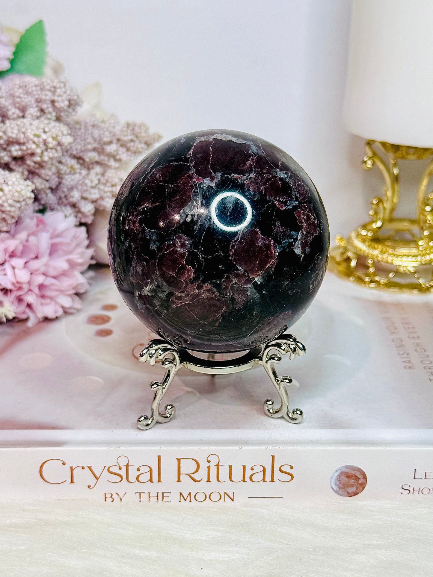 Large Garnet In Astrophyllite Sphere on Stand 532grams