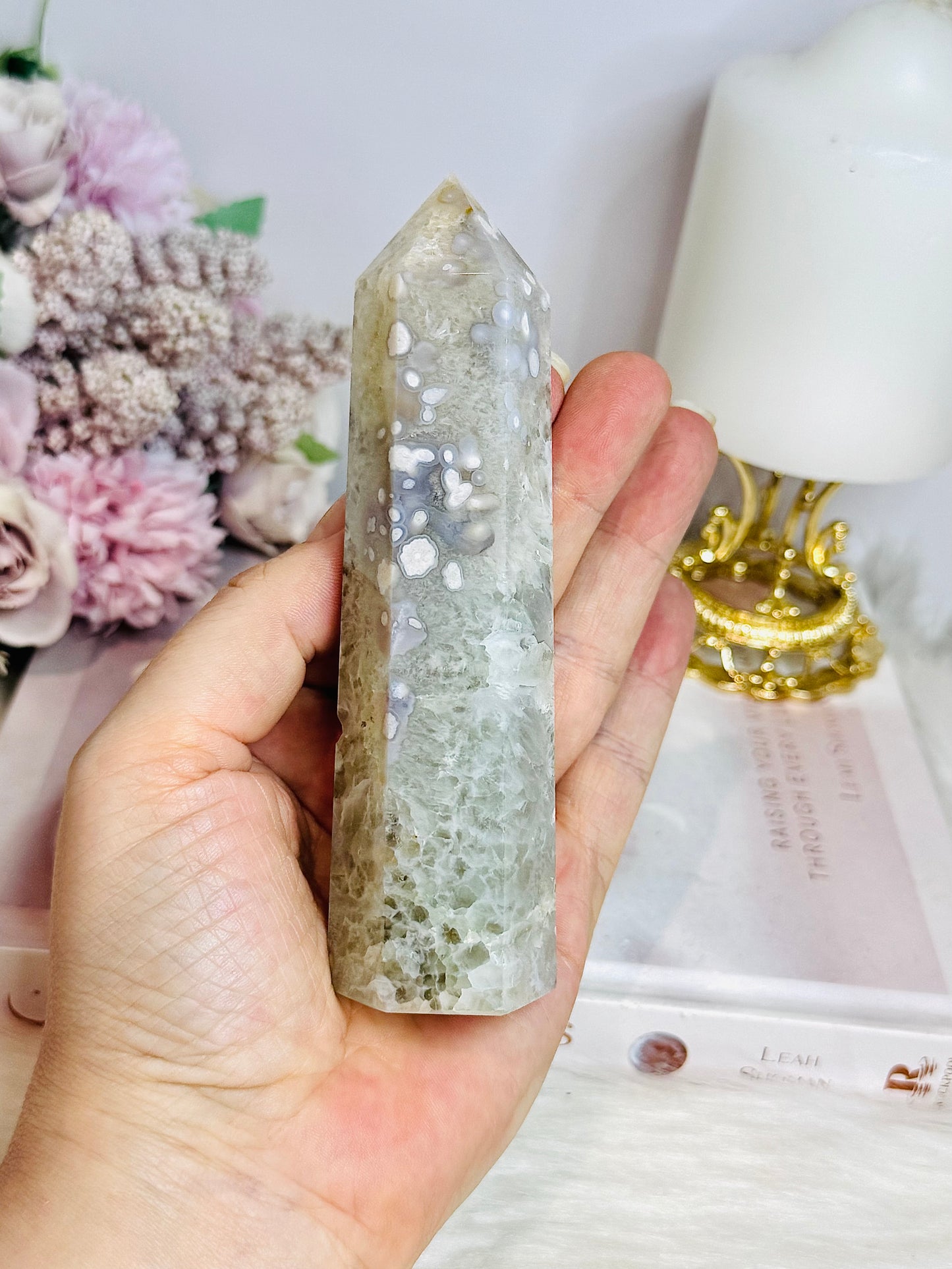 High Grade Large Green Flower Agate Tower 12.5cm