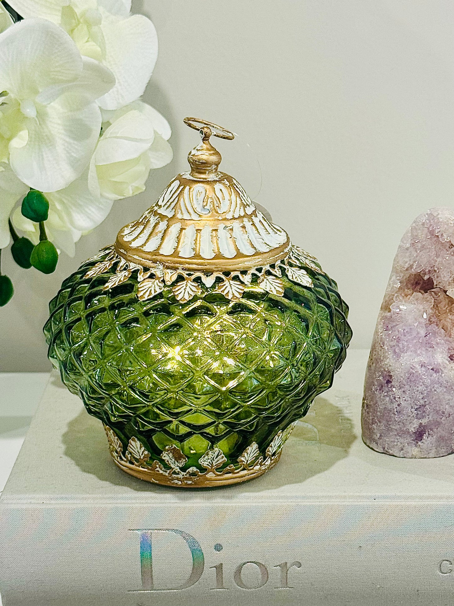 Glass Lantern Led Temple Green Avocado 15.5cm