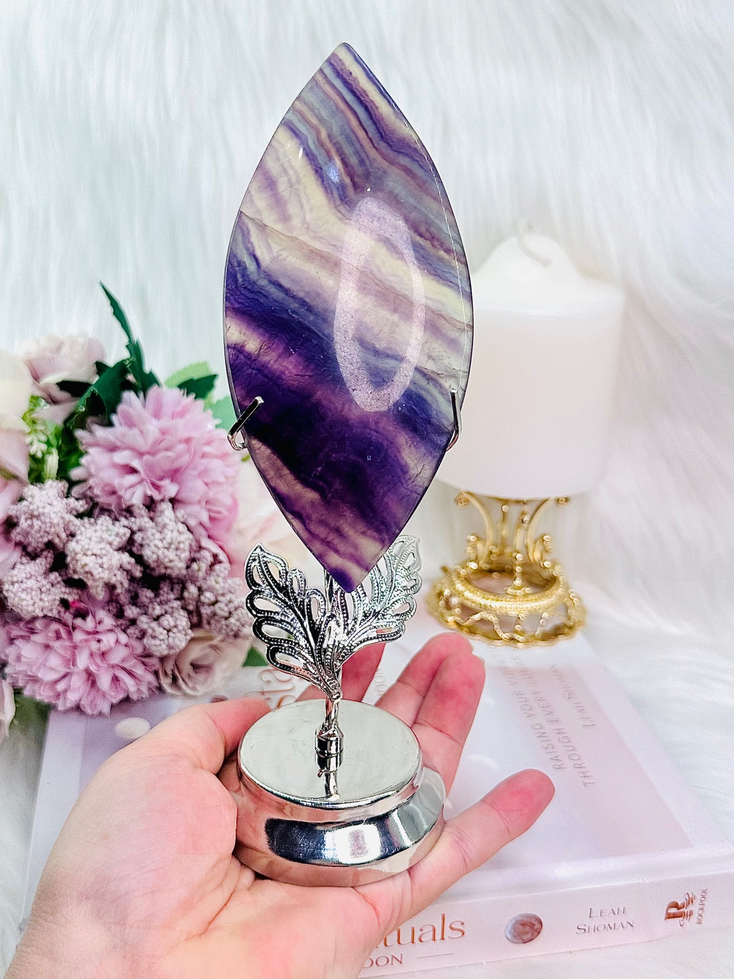 What A Beauty!!! Gorgeous Large 20cm (inc stand) Fluorite Carved Flame On Silver Stand