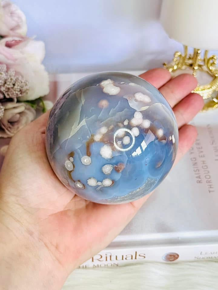Rare & Incredible Large Green & Blue Flower Agate Sphere On Stand 671grams