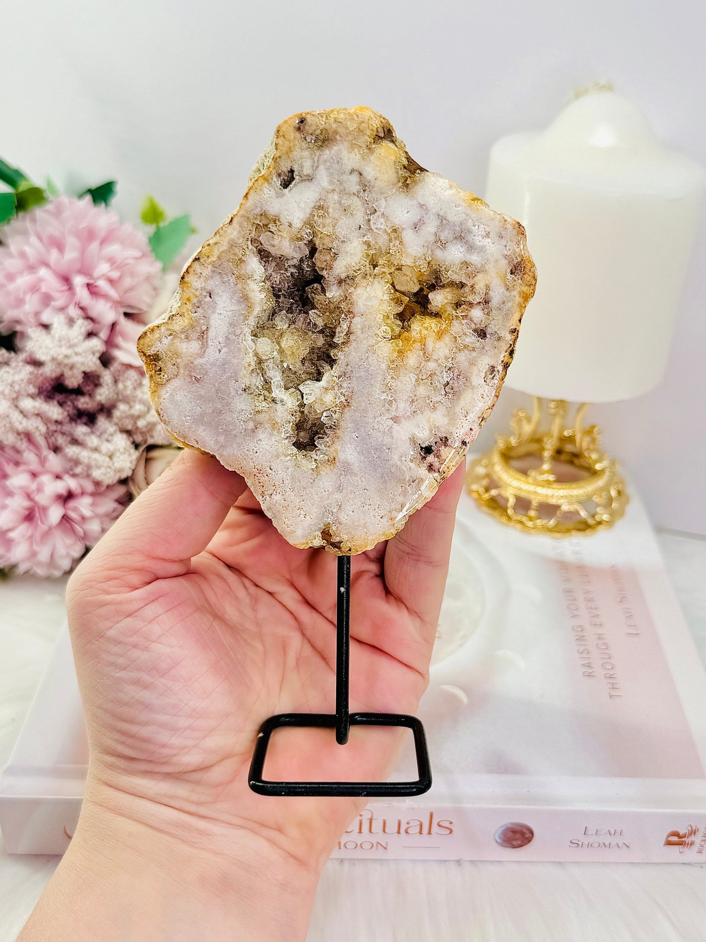 Natural 15cm Tall Pink Amethyst Druzy Slab On Stand