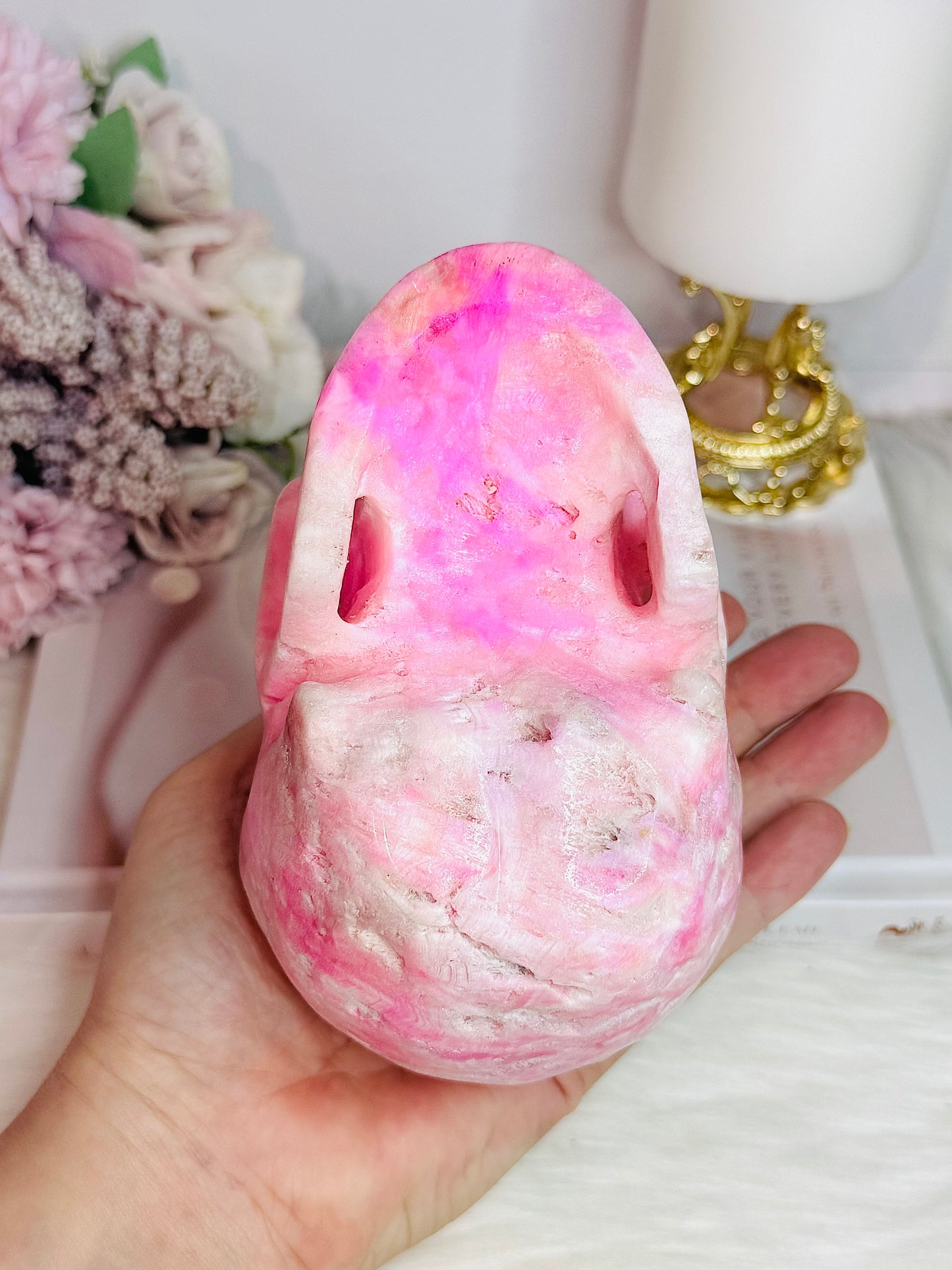 MASTERPIECE!! Absolutely Incredible Huge Natural Pink Oragonite Carved Skull 1.06KG 13cm