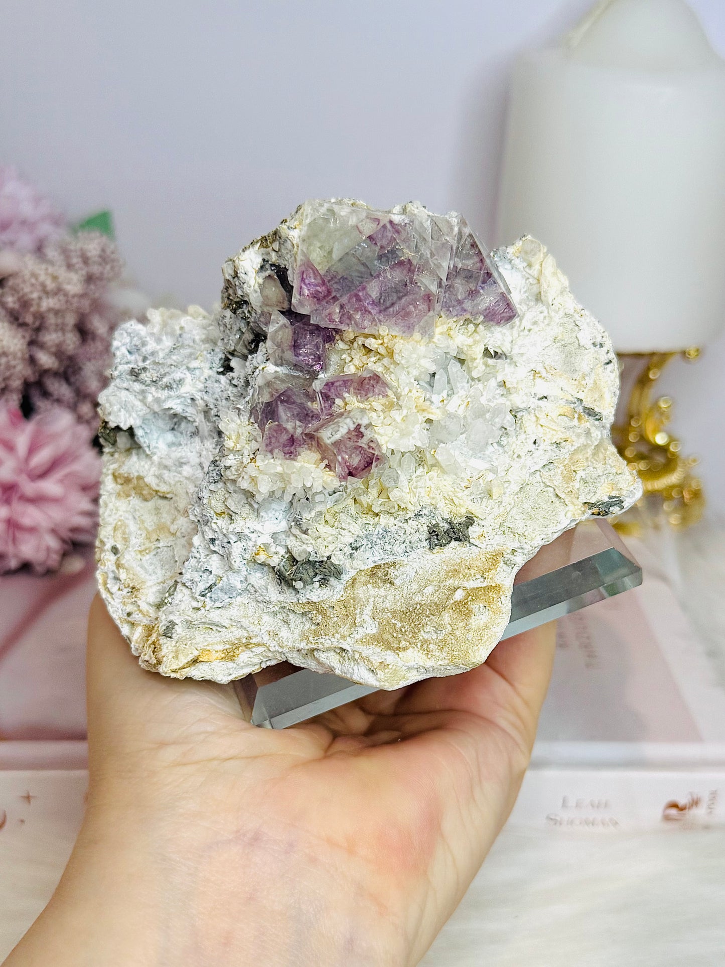 ✨ A Collectors Piece ✨ Natural Cubed Fluorite On Matrix Specimen From Mexico 703grams ~ Specimen is on Glass Stand