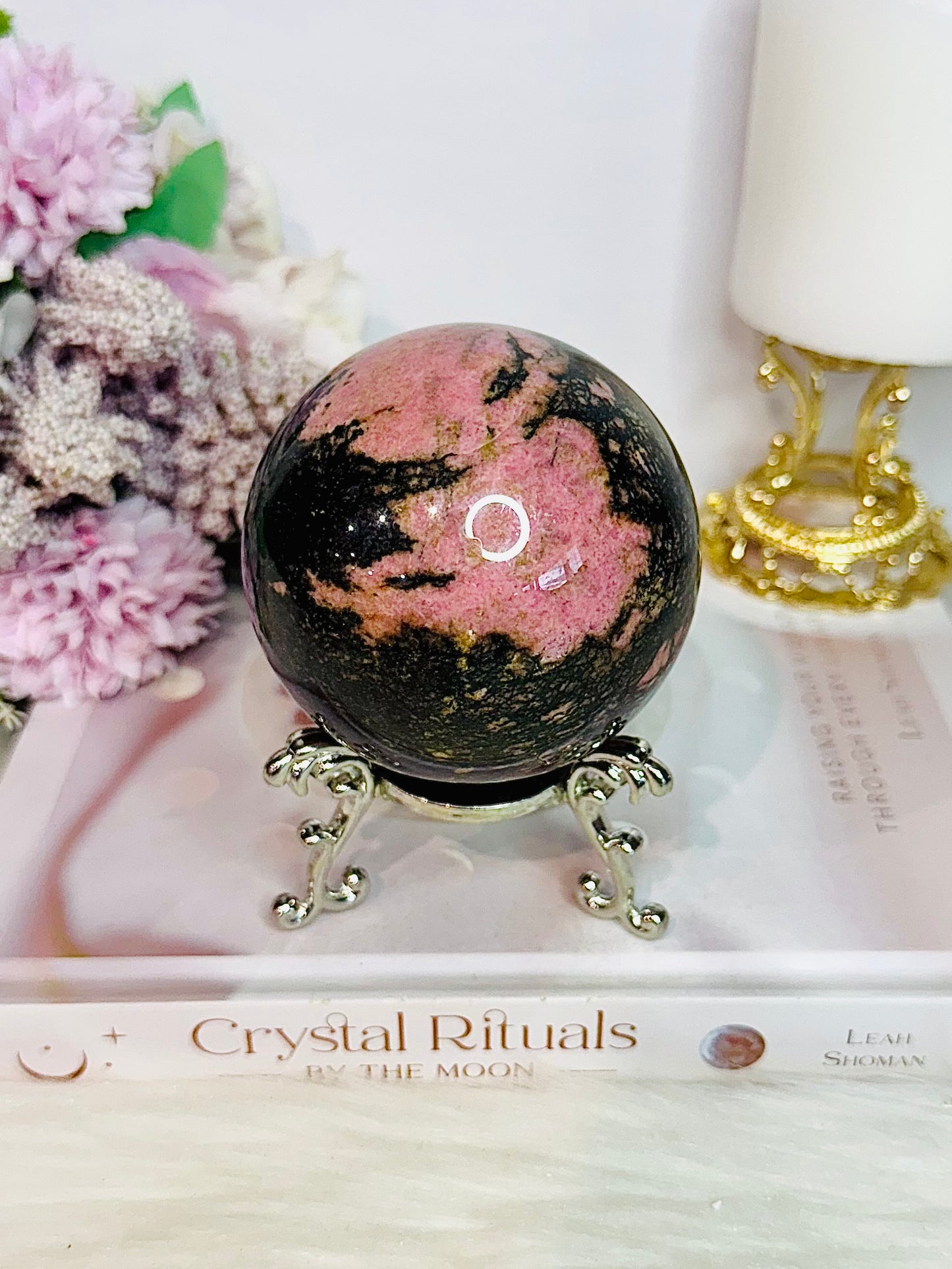 Large Rhodonite Sphere 798gram On Stand