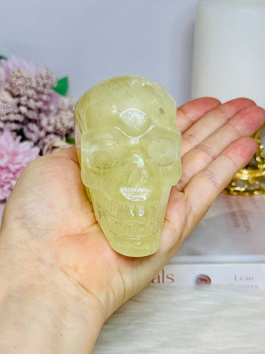 Citrine with Rainbows Carved Skull 397g 8cm