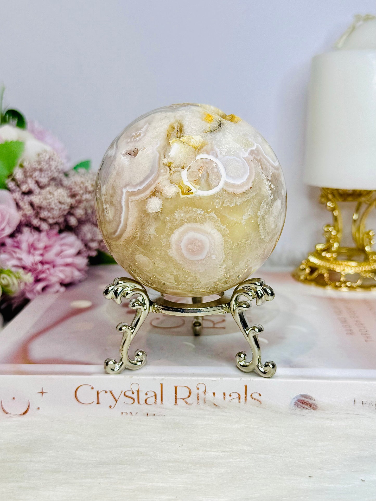Large Flower Agate Druzy Sphere 646g On Stand