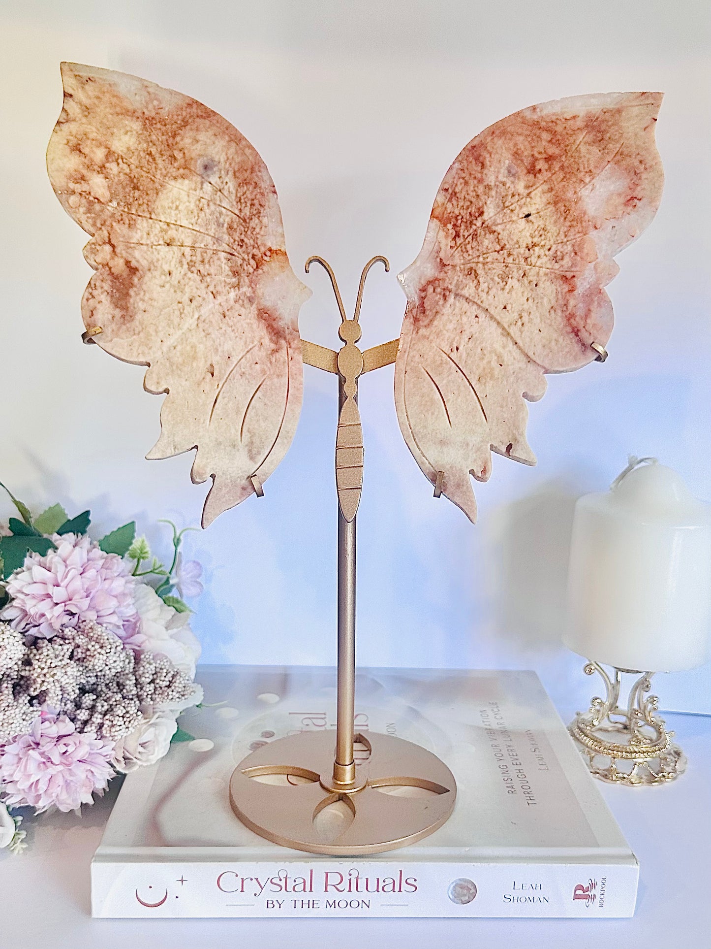 Stunning Large 29cm Pink Amethyst Carved Butterfly Wings On Gold Stand From Brazil