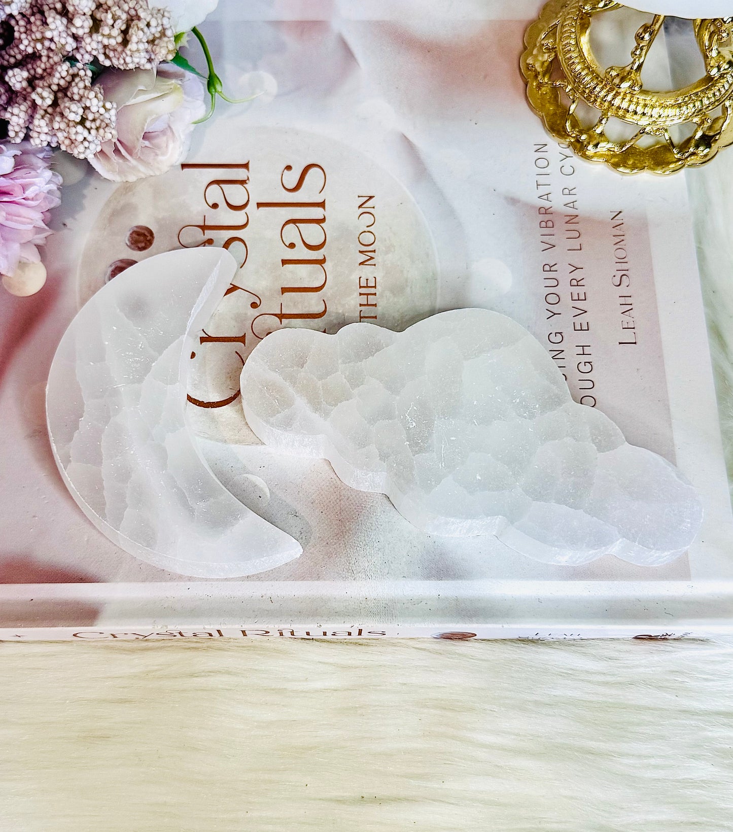 Selenite Carved Moon & Cloud Set