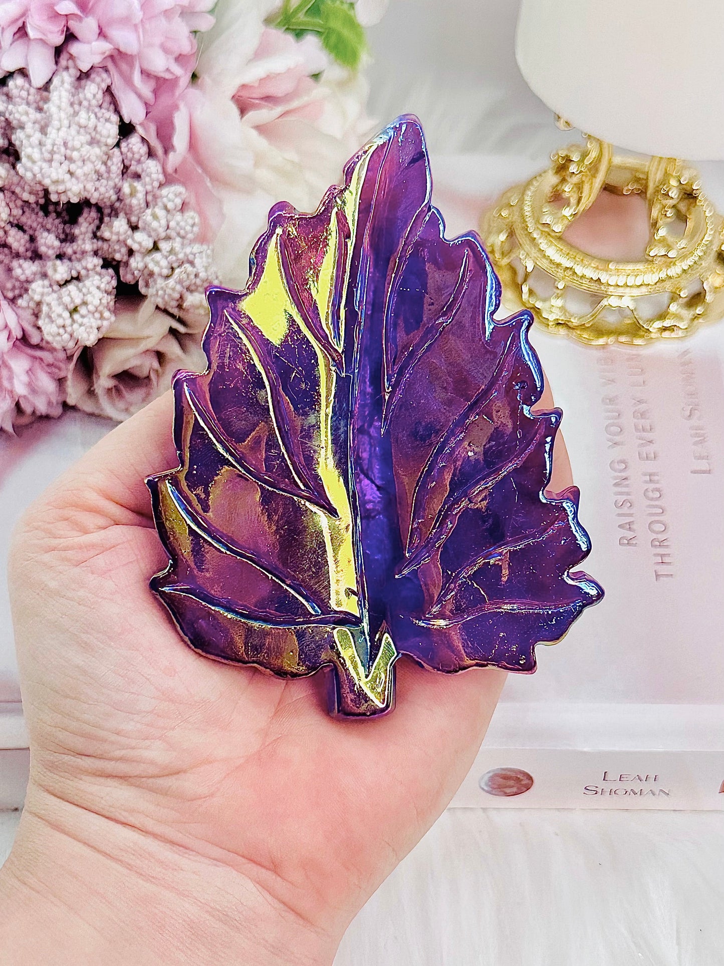 Aura Purple Quartz Leaf Carving 11cm