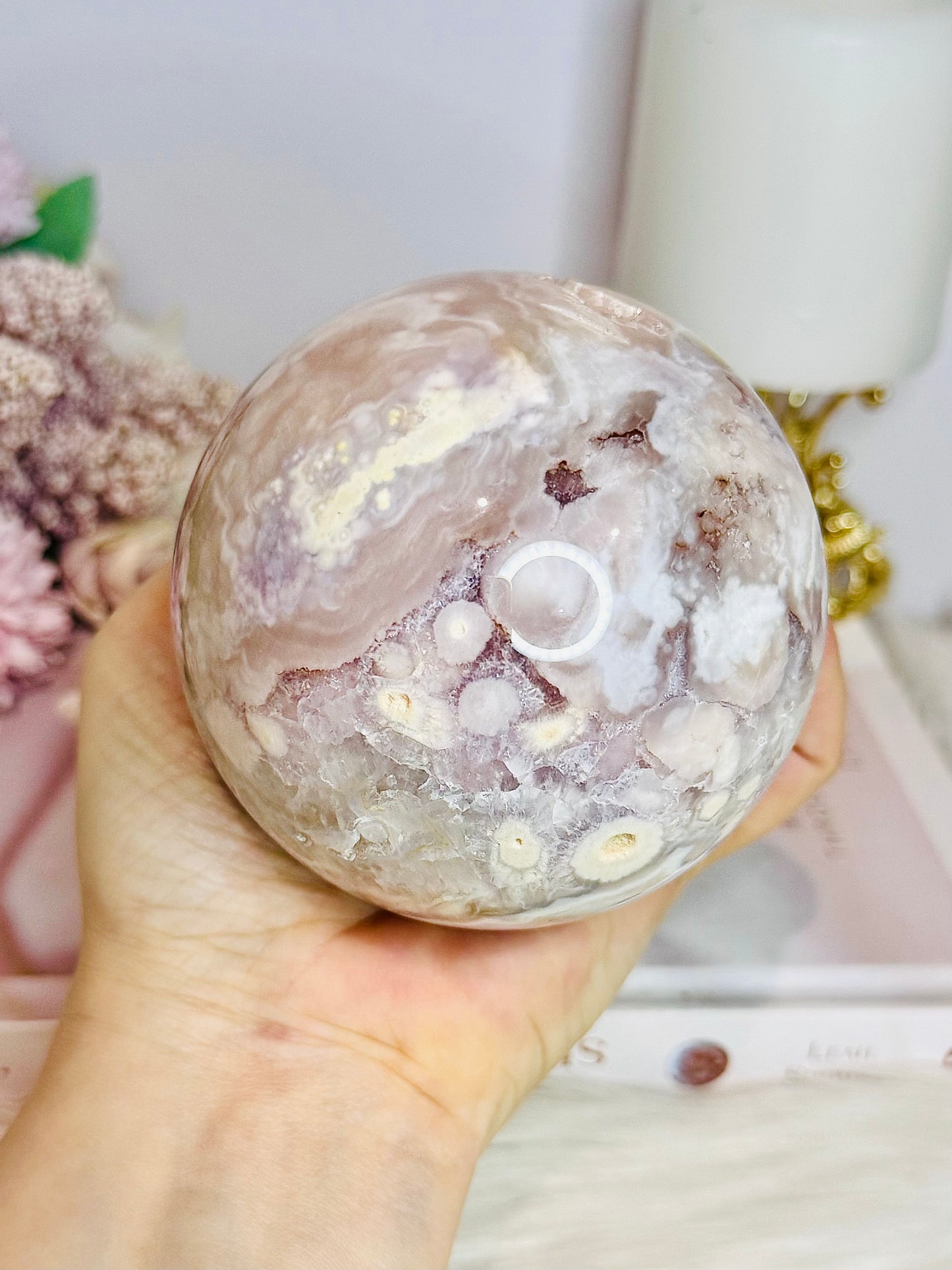 Rare Pink Amethyst X Flower Agate Large Sphere 890g On Stand