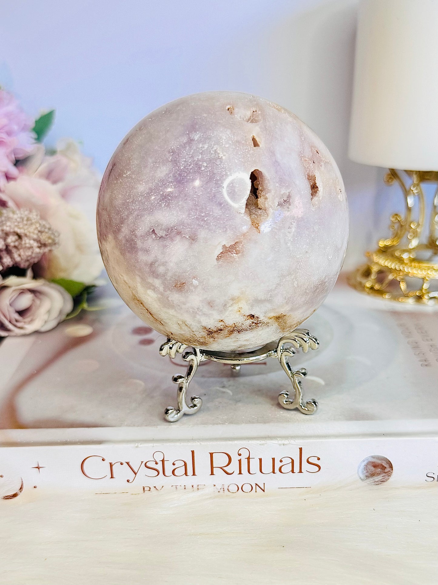 Natural Large Druzy Pink Amethyst Carved Sphere on Stand From Brazil 610grams