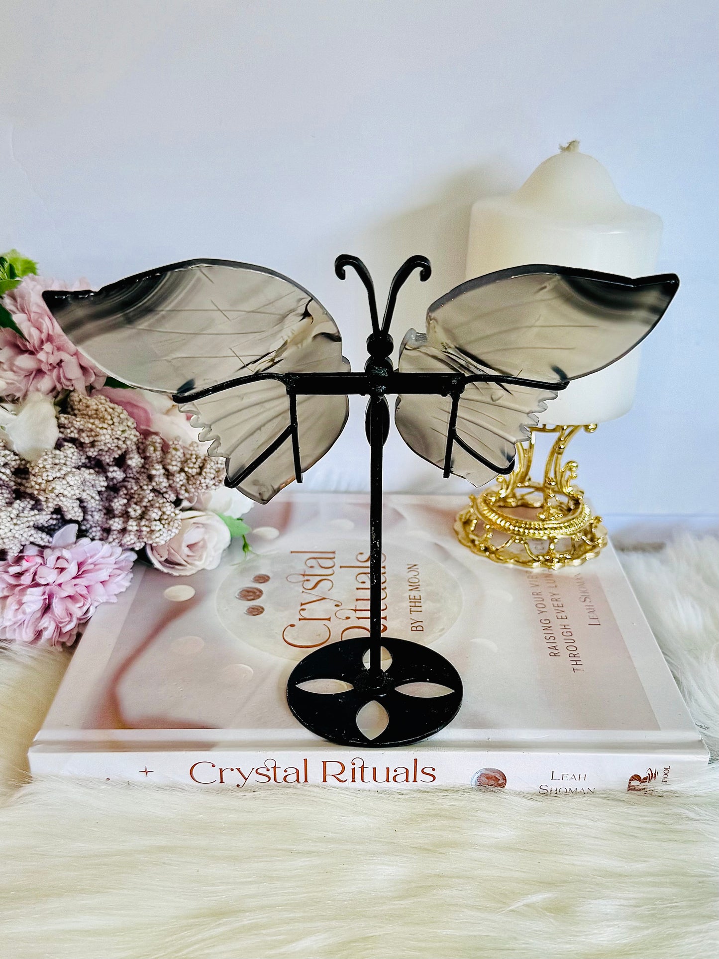 Stunning 15cm Agate Carved Butterfly Wings On Stand