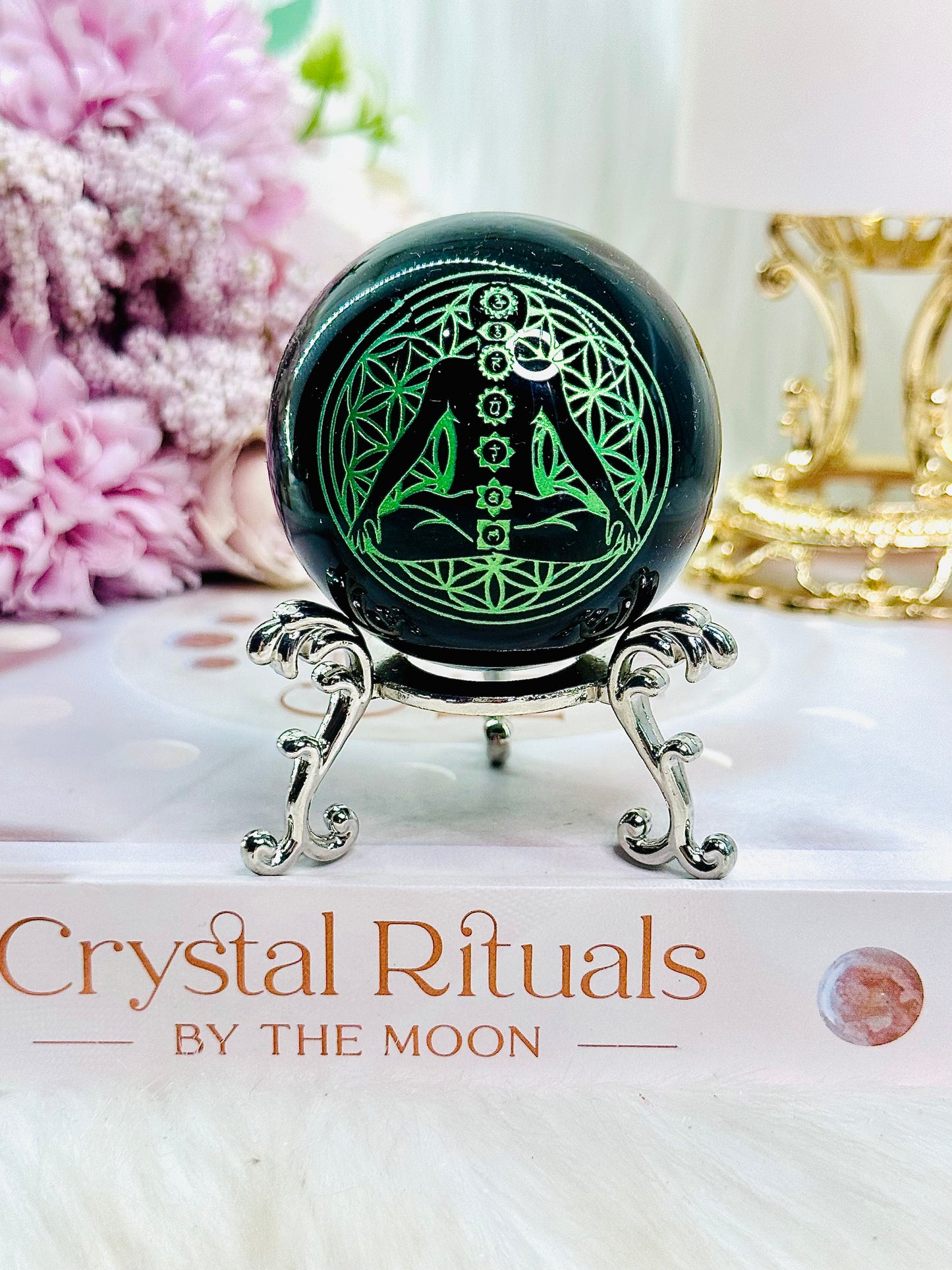 A Protective Stone ~ Wow! Beautiful Black Obsidian Green Chakra Sphere on Stand