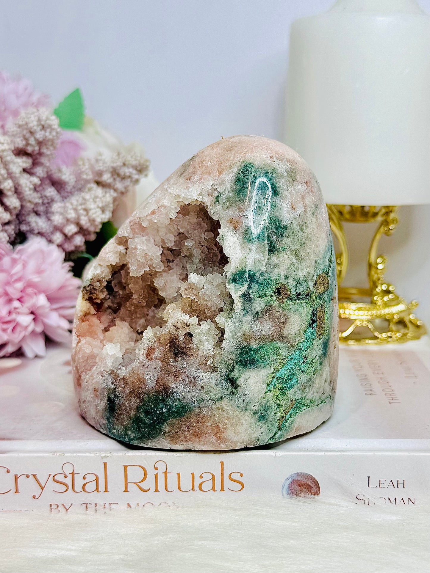 Natural Pink Amethyst Large Druzy Base Cut Cluster with Green Jasper Inclusions 673g