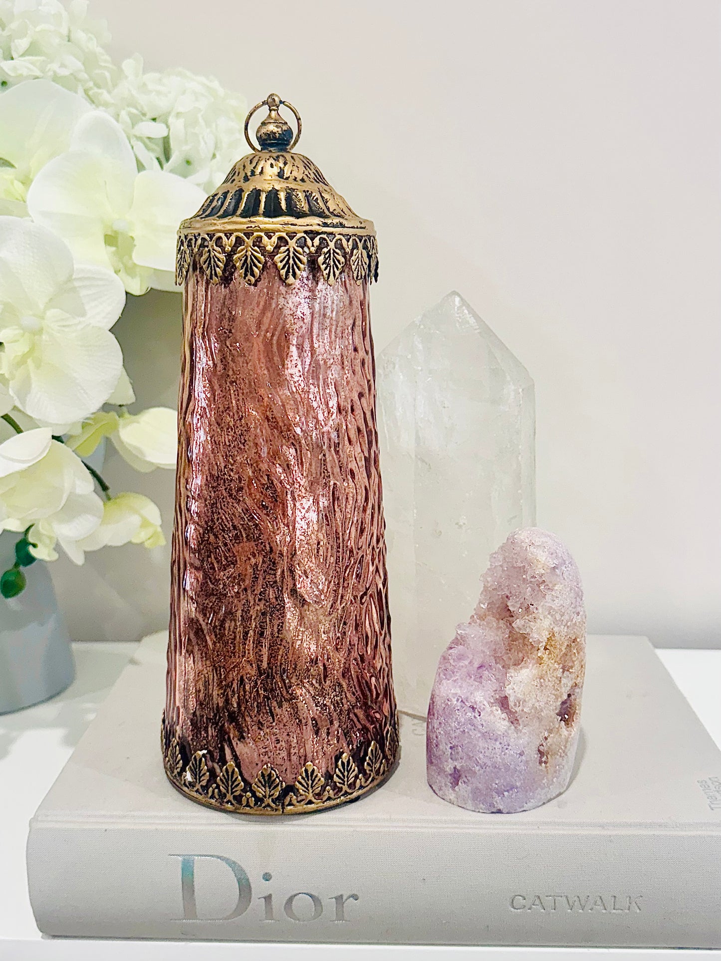Glass Large Lantern Led Tower Pink Punch 27cm