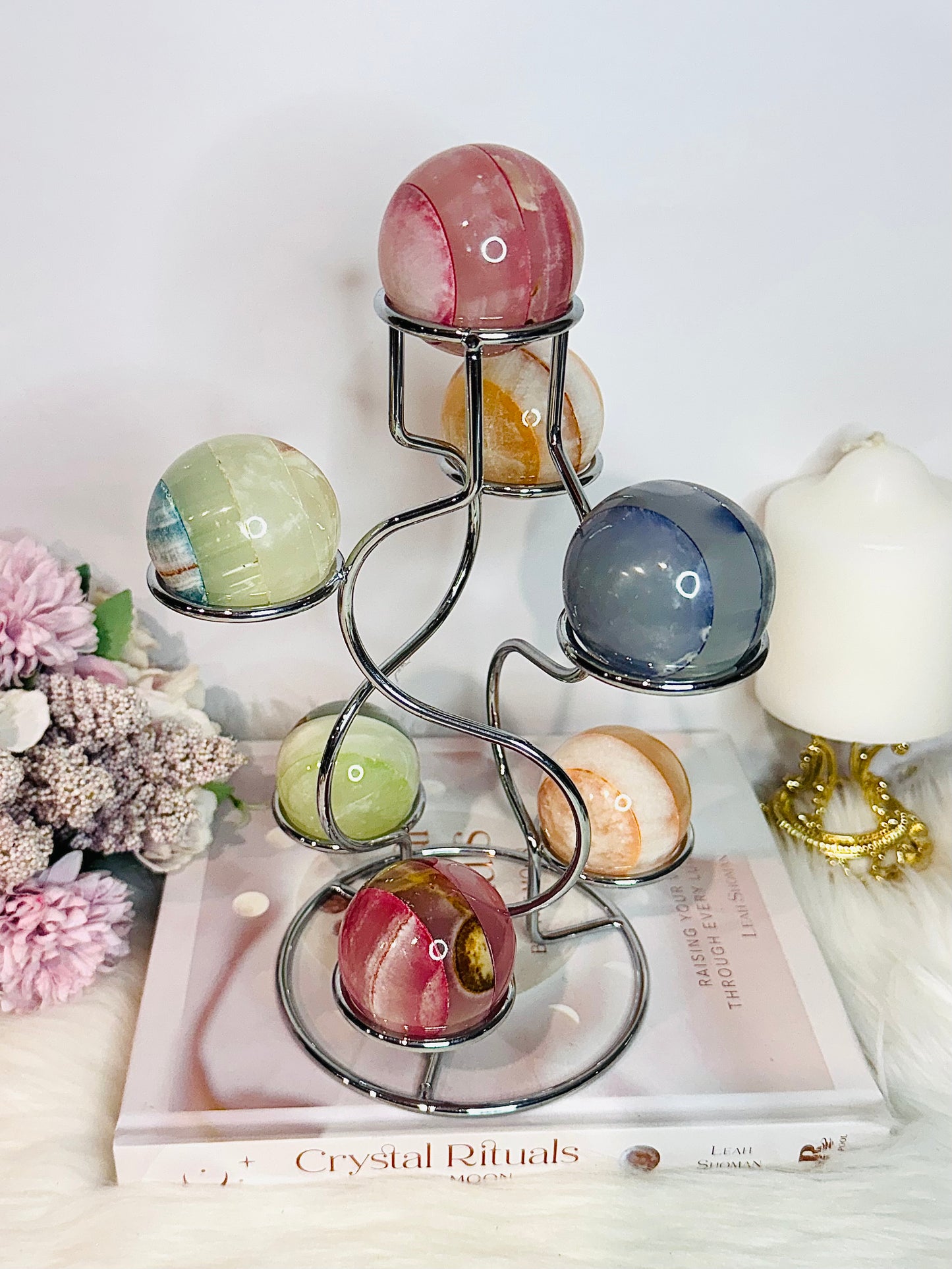 Colourful Large Silver Holder with Seven 7 Dyed Onyx Spheres